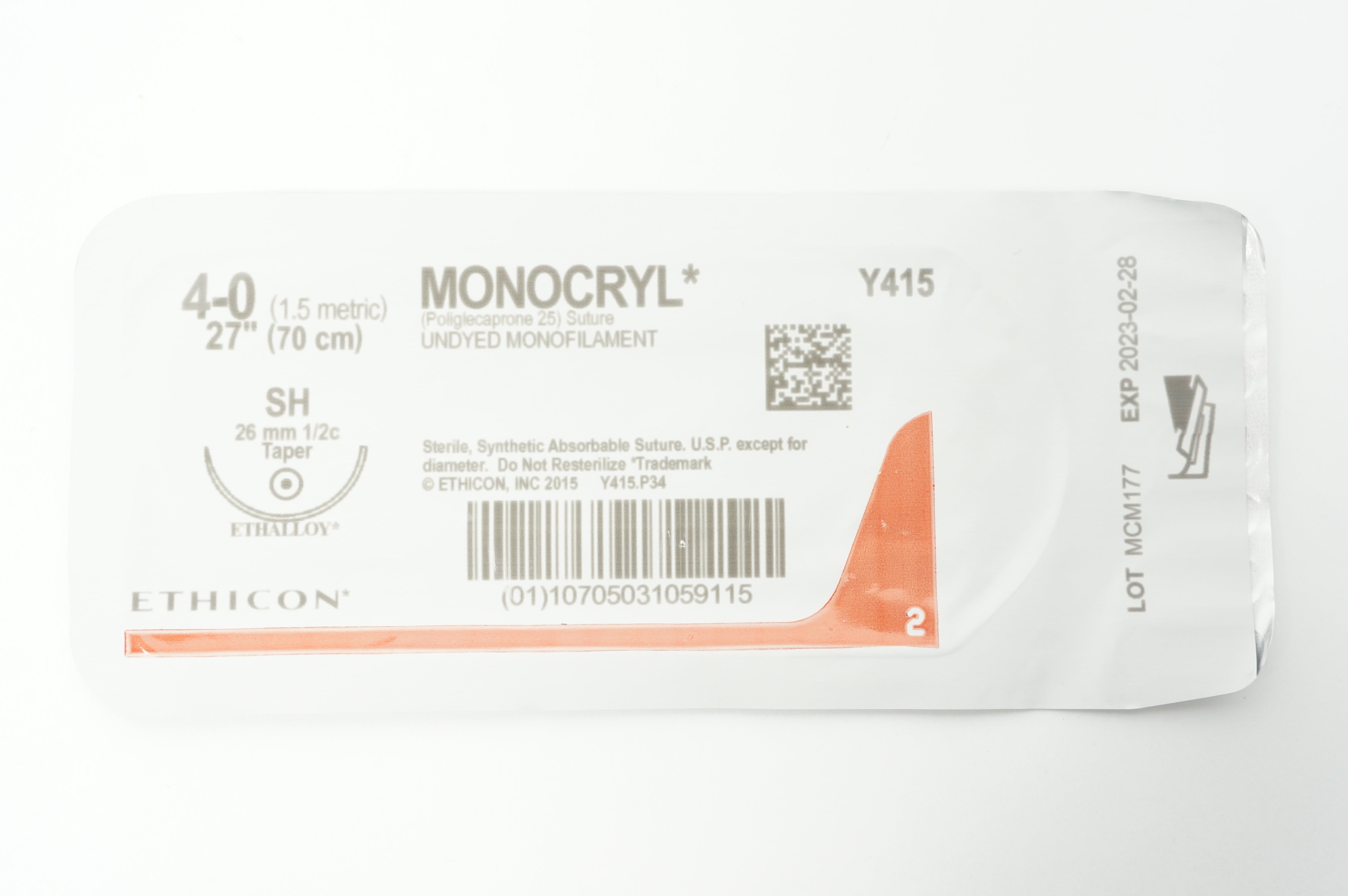 Ethicon Y415 4-0 MONOCRYL Undyed Monofilament SH 26mm 1/2c Taper, 27inch