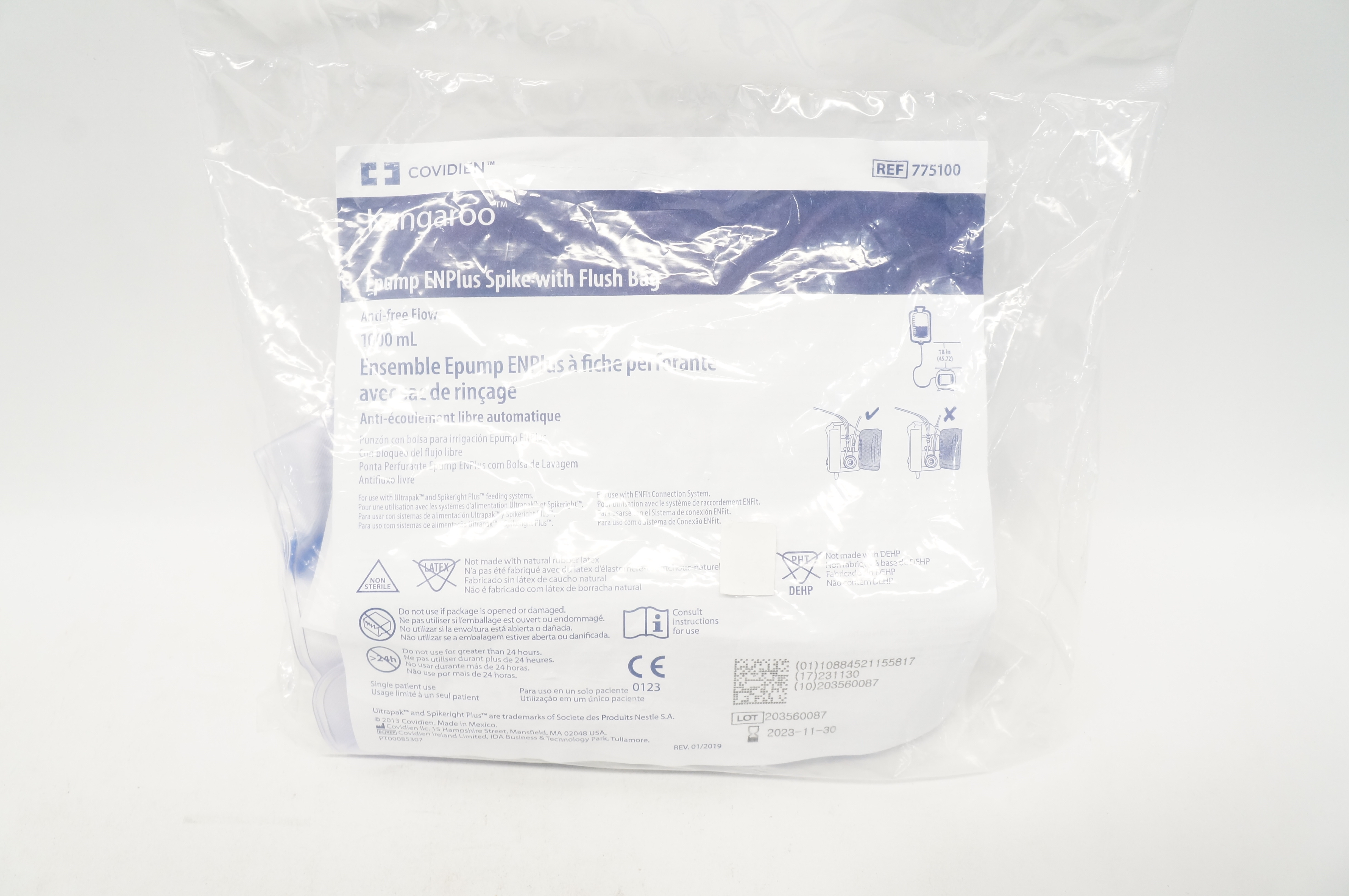 Covidien 775100 Kangaroo Epump ENPlus Spike with Flush Bag 1000mL