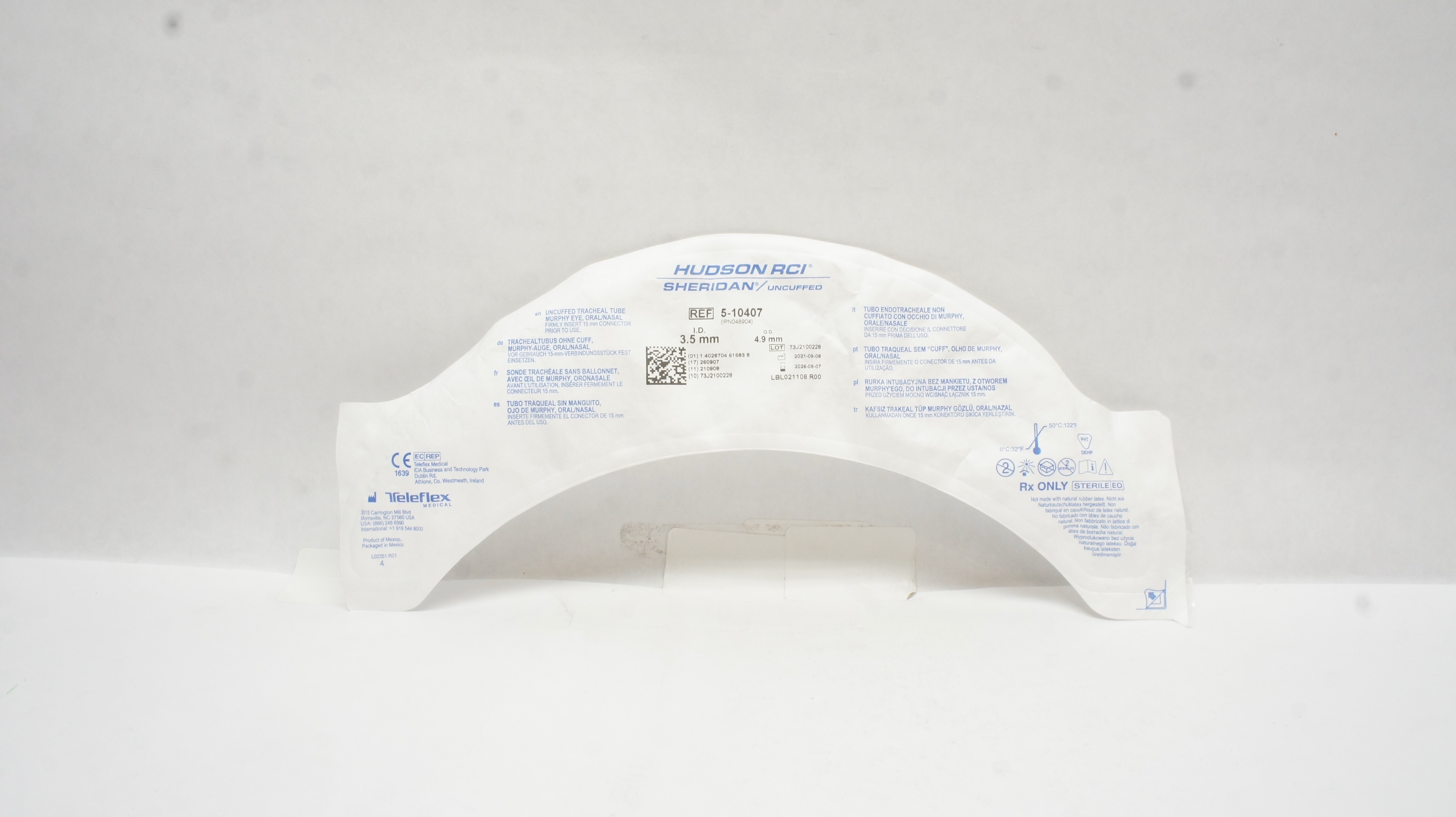 Teleflex 5-10407 Hudson RCI Uncuffed Tracheal Tube, 15mm, 3.5mm ID x 4.9mm OD