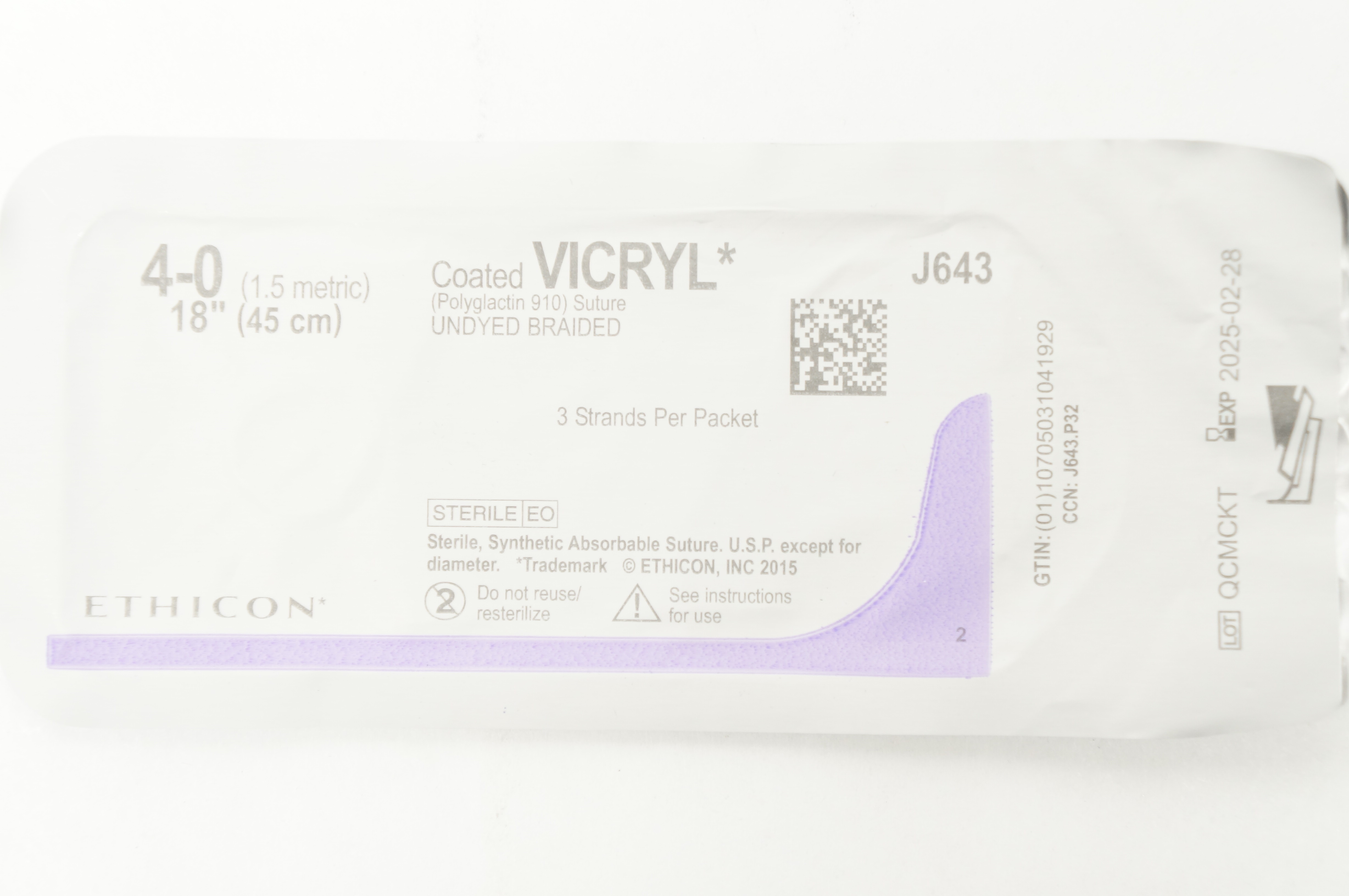 Ethicon J643 4-0 Coated VICRYL Polyglactin 910 Stre Undyed Braided 18inch