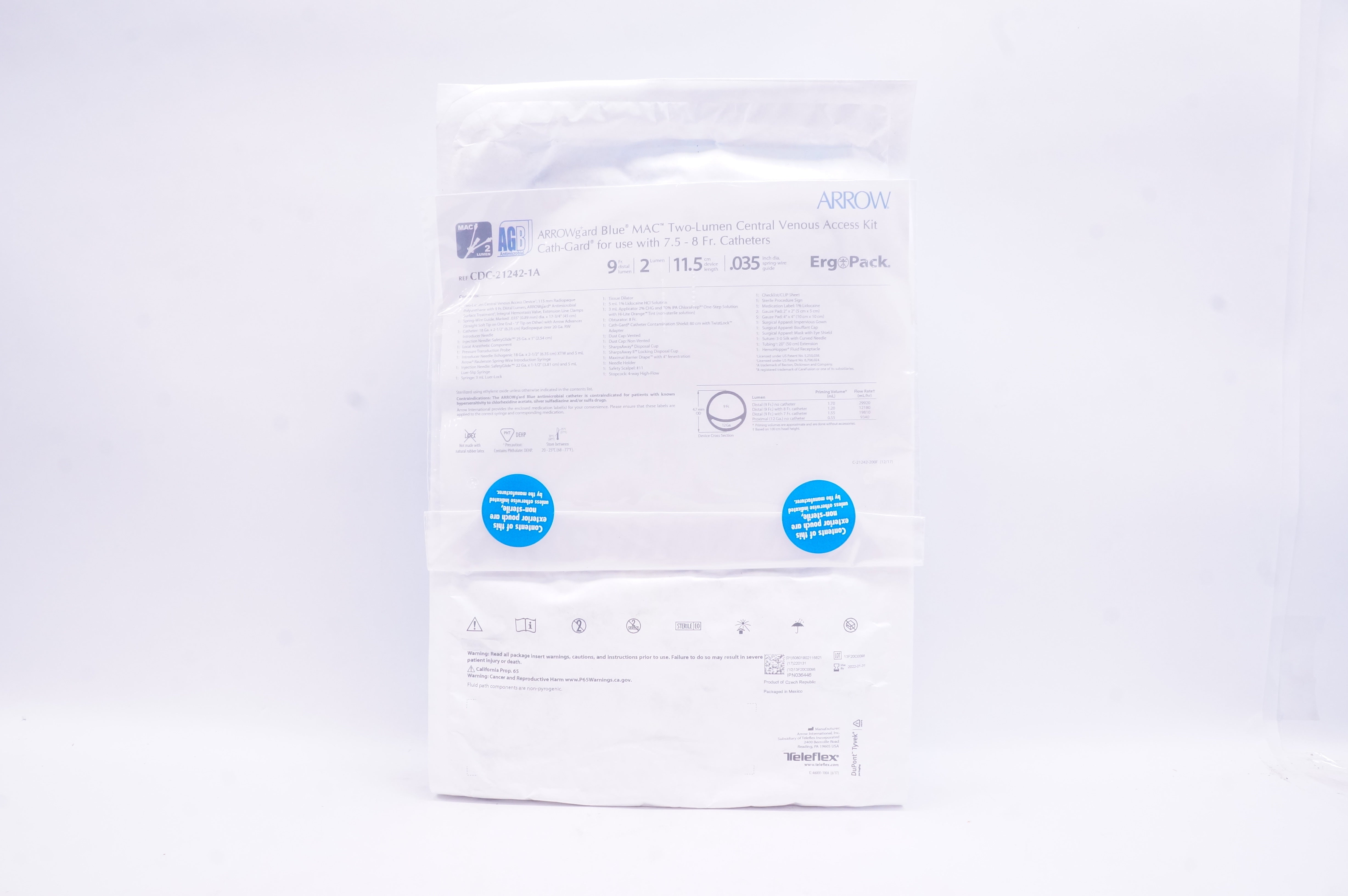 Arrow CDC-21242-1A AGB MAC 2-Lumen Central Venous Access Kit 9Fr. x .035inch