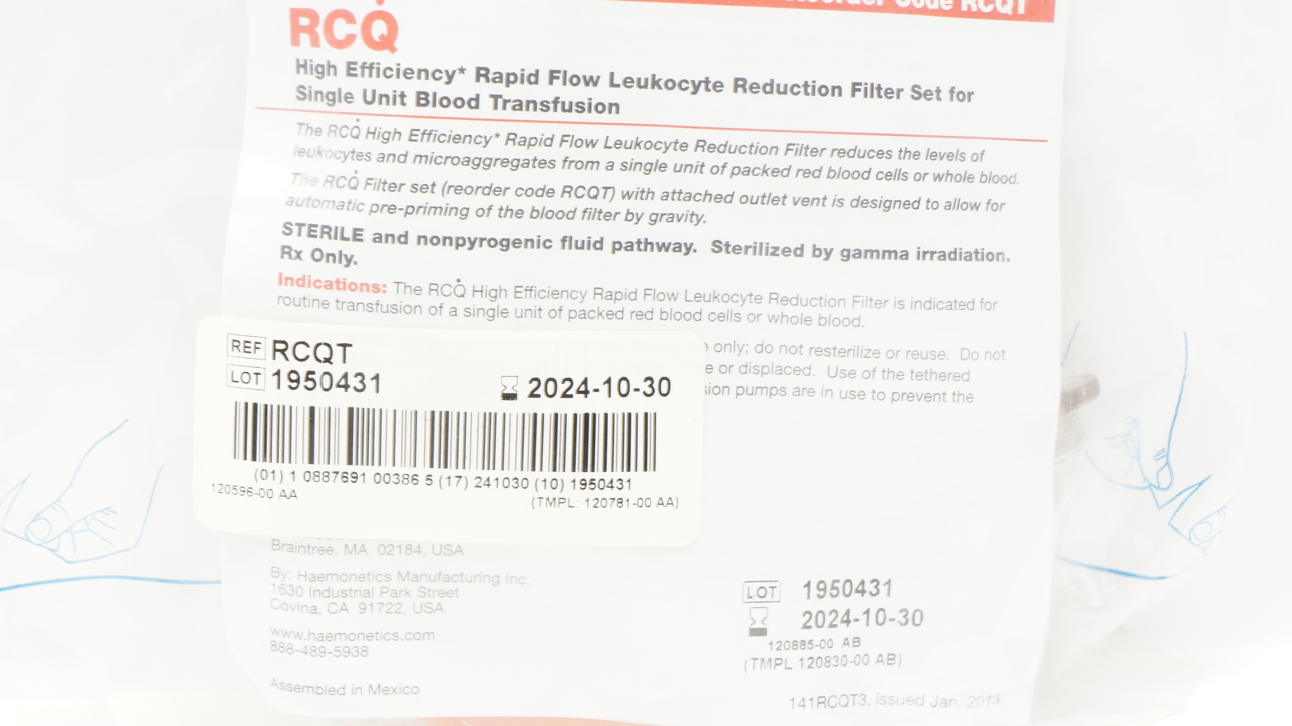 Haemonetics RCQT High Efficiency Rapid Flow Leukocyte Reduction Filter Set (x)