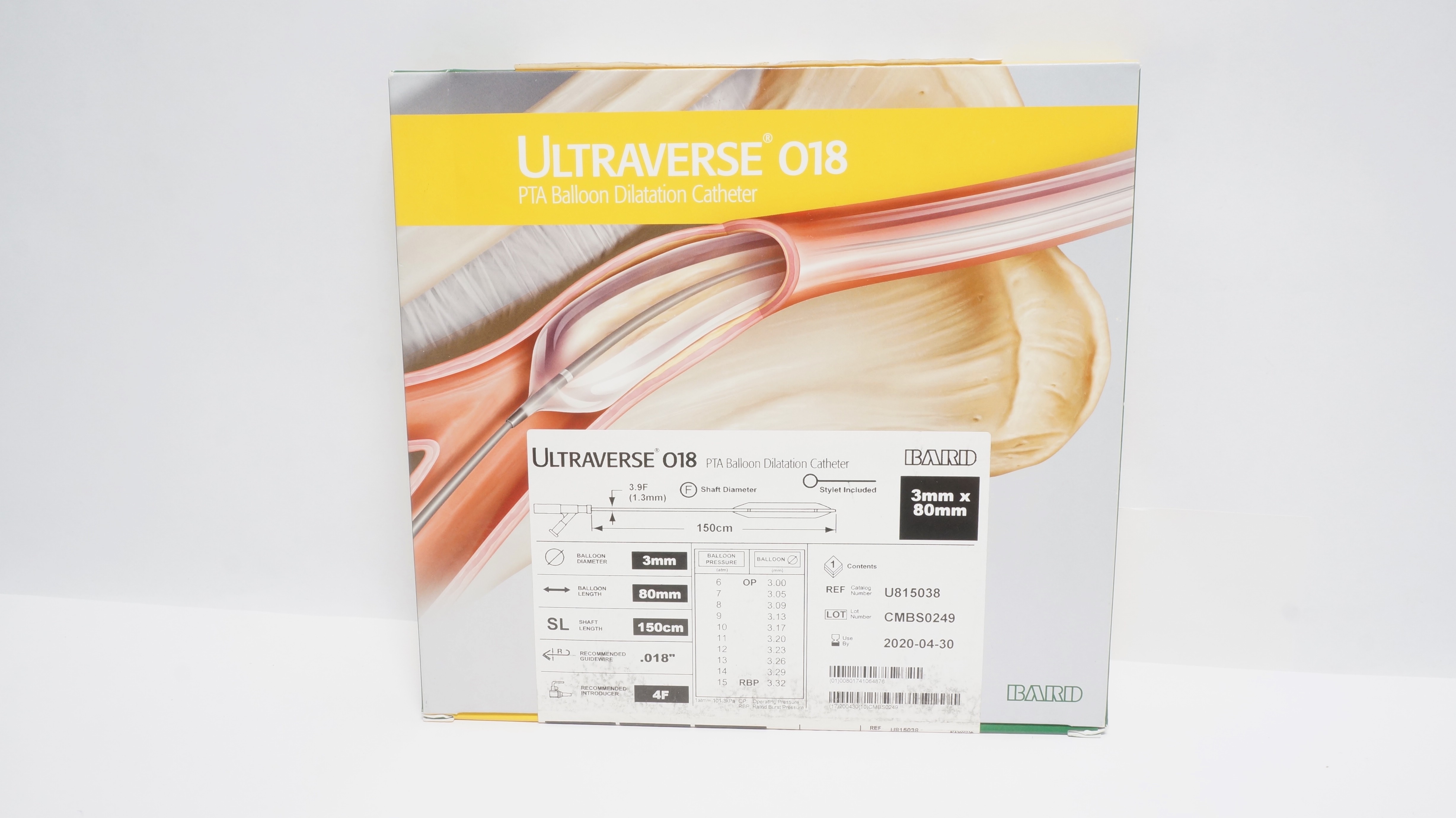 Bard U815038 Ultraverse O18 PTA Balloon Dilatation Cath. 3.9F, 3mm x 80mm (x)