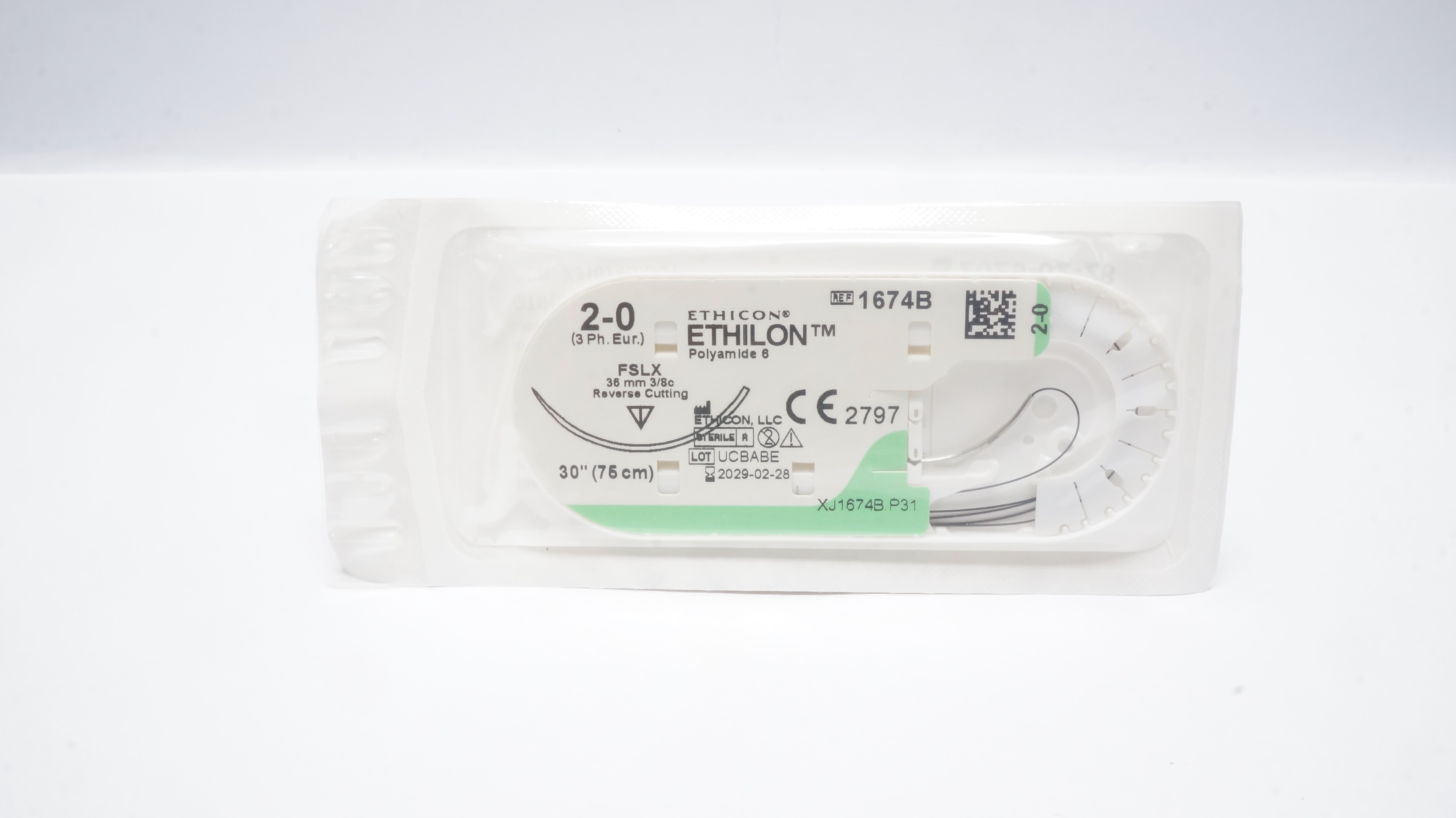 Ethicon 1674B 2-0 Ethilon Stre FSLX 36mm 3/8c Reverse Cutting, 30inch