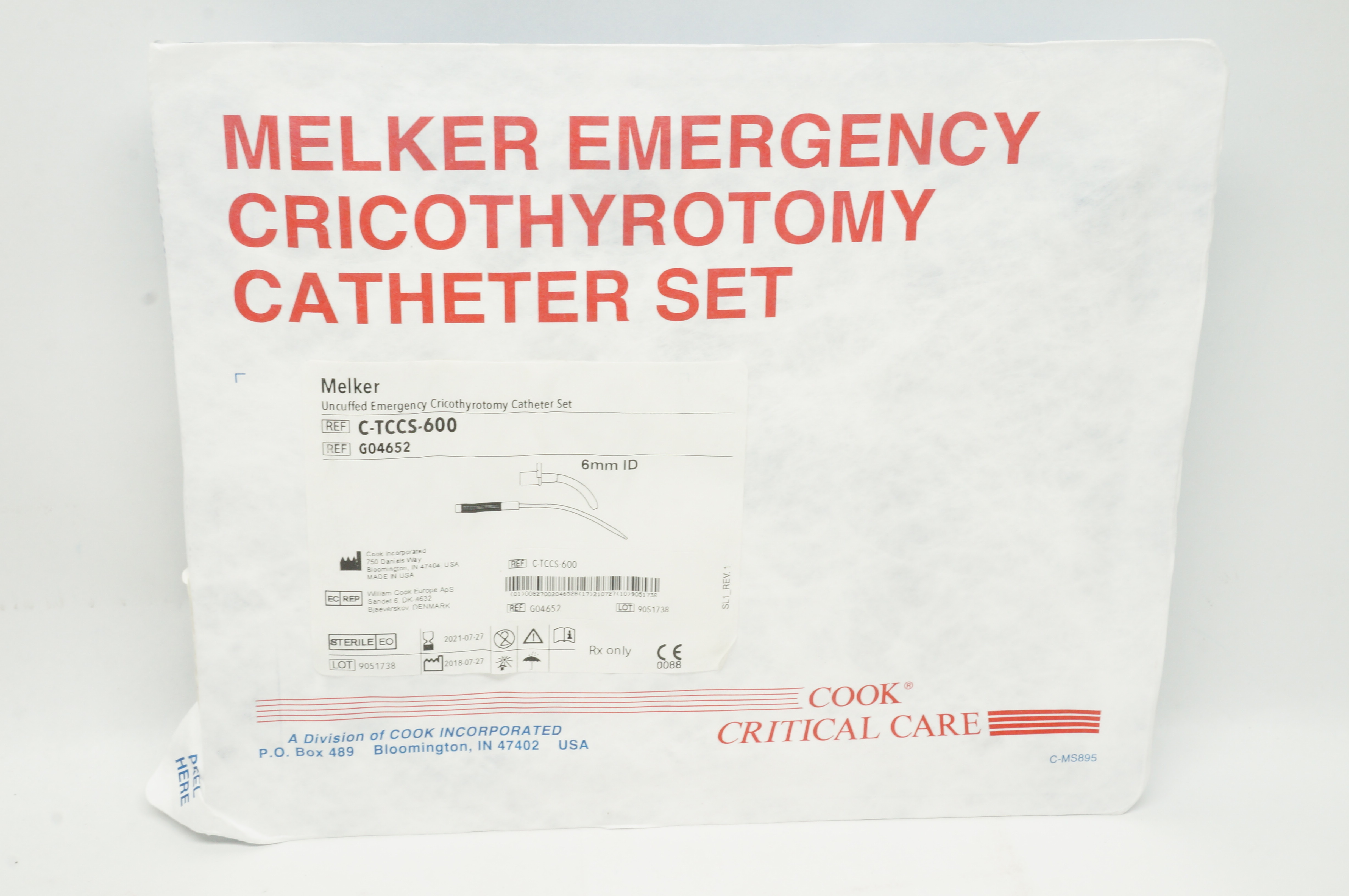 Cook Medical G04652 Melker Uncuffed Emergency Cricothyrotomy Cath. Set 6mm (x)