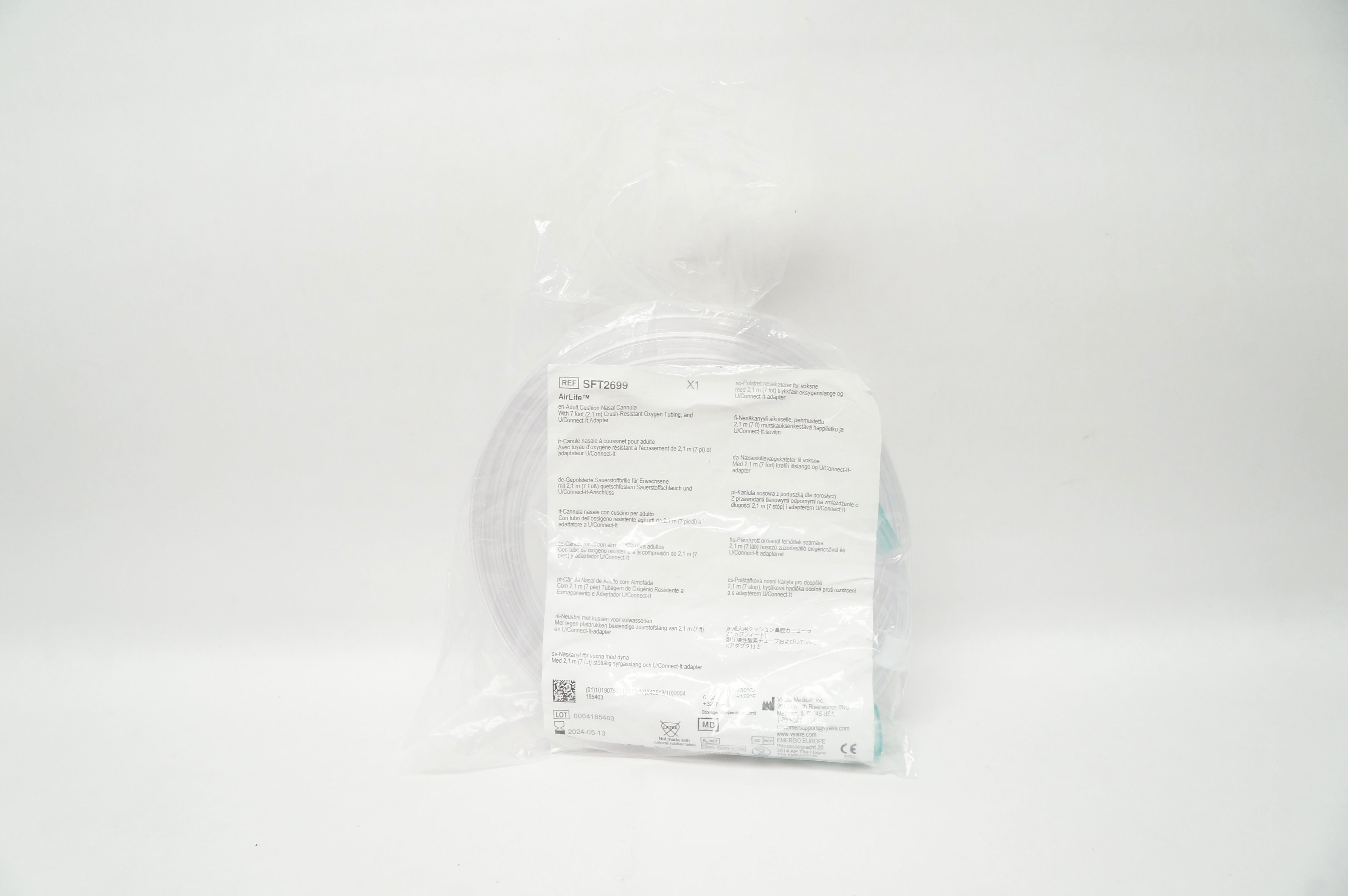 Vyaire SFT2699 AirLife Adult Cushion Nasal Cannula with 7 Foot Tubing & Adapter