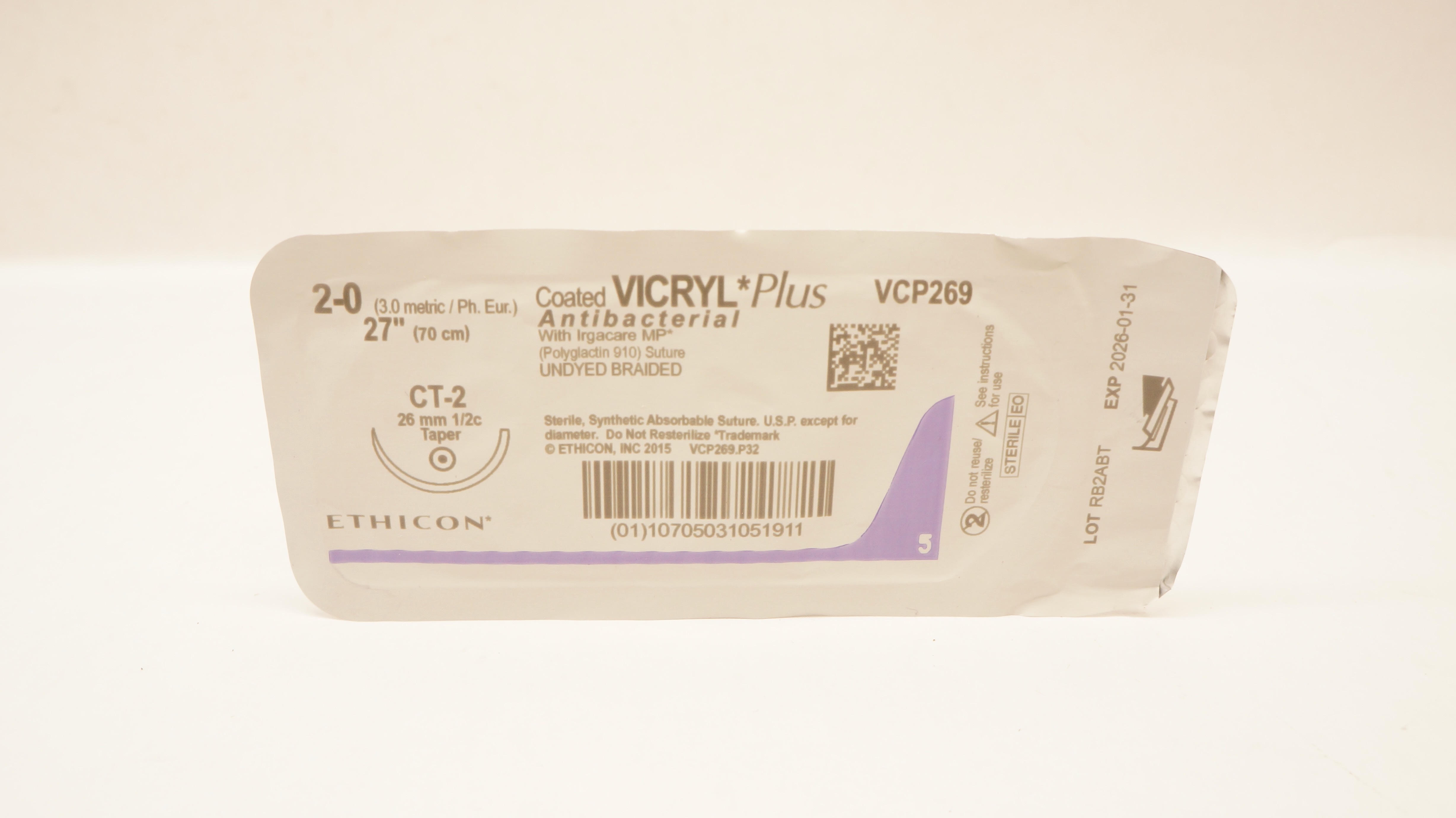 Ethicon VCP269 2-0 VICRYL Plus CT-2 26mm 1/2c Taper, 27inch