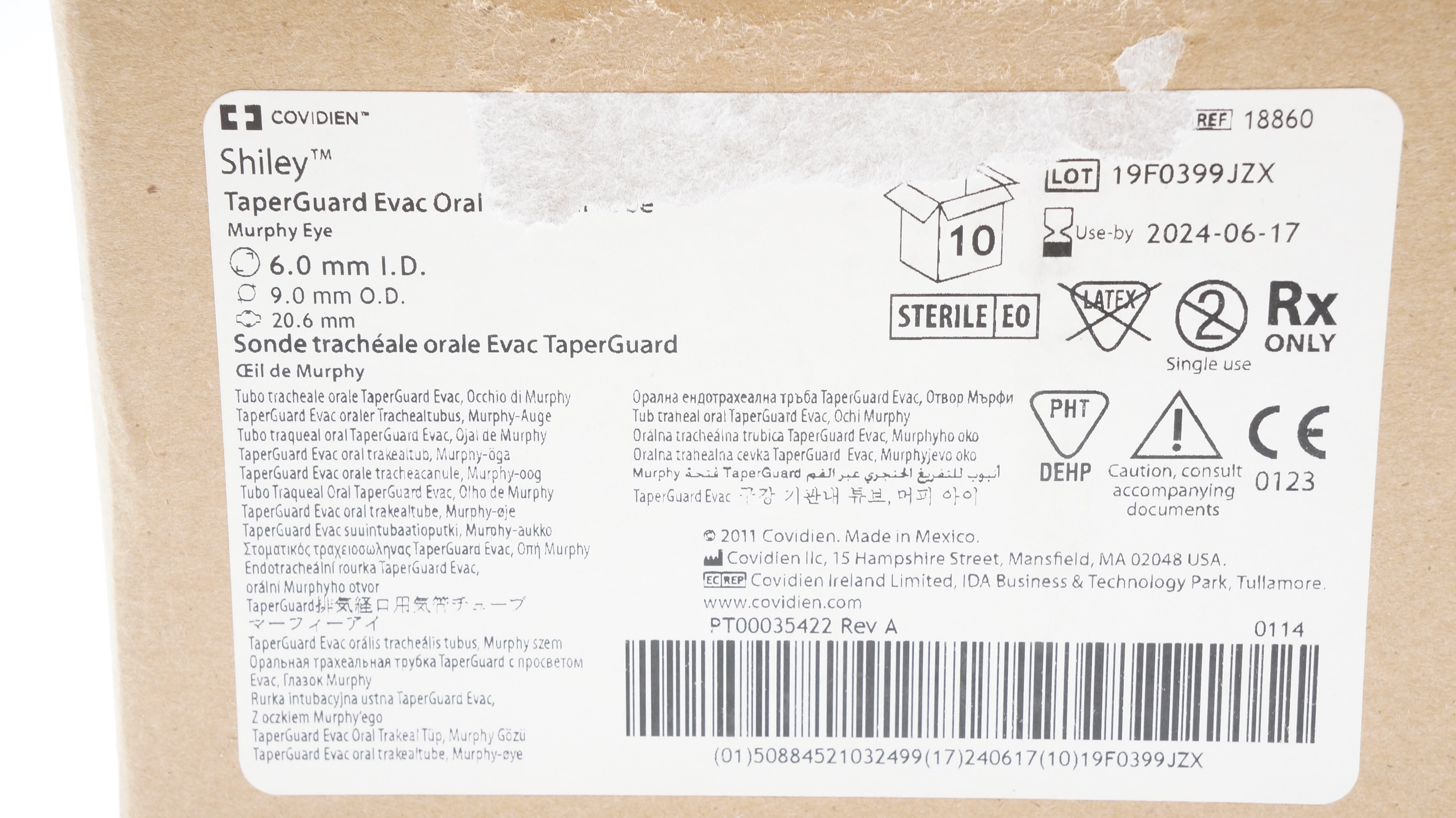 Covidien 18860 Shiley TaperGuard Tracheal Tube 6.0ID x 9.0ODx20.6mm(x)-Box of 10