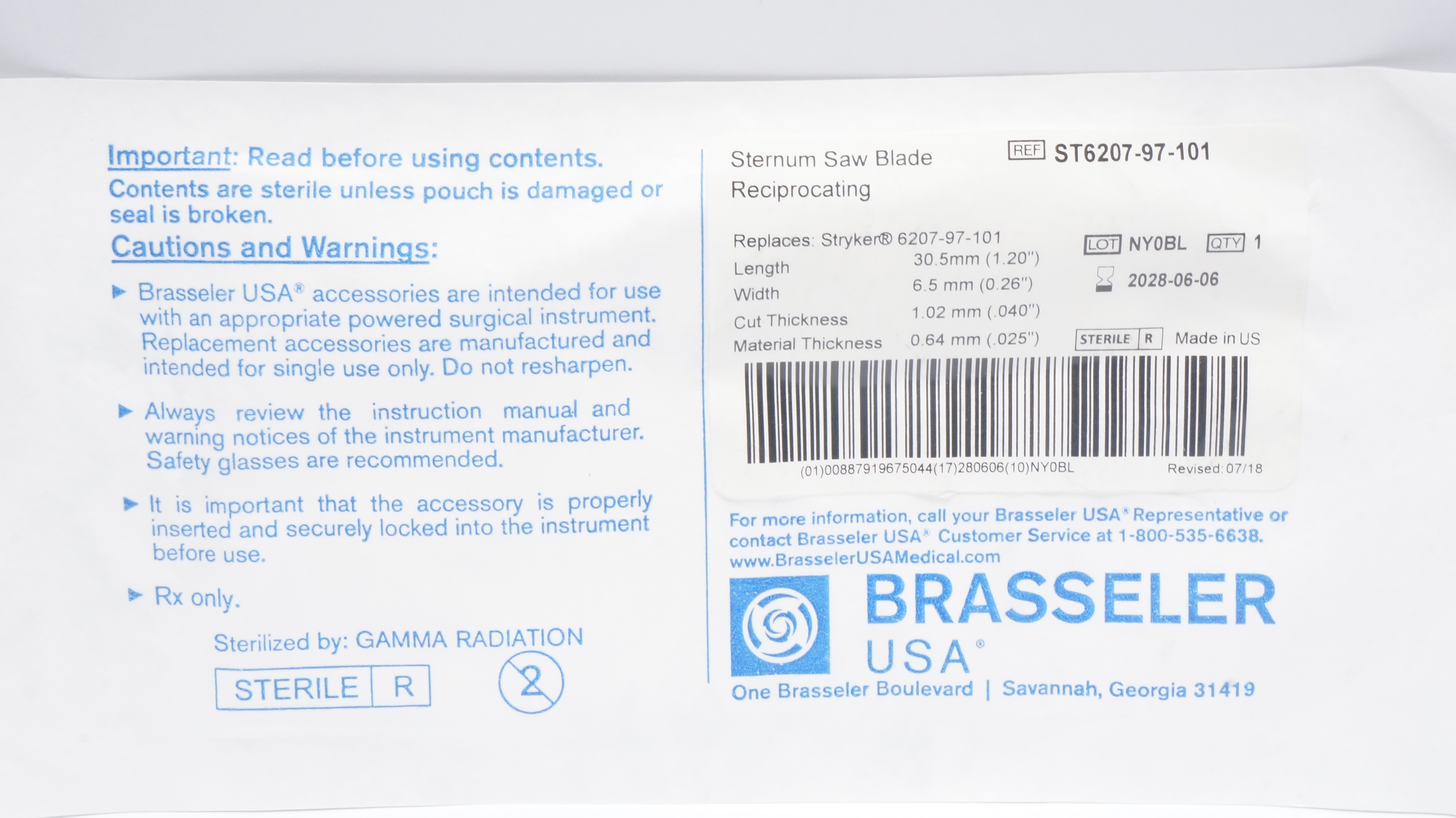 Brasseler ST6207-97-101 Sternum Saw Blade 1.20 x 0.26 x .040 x .025inch