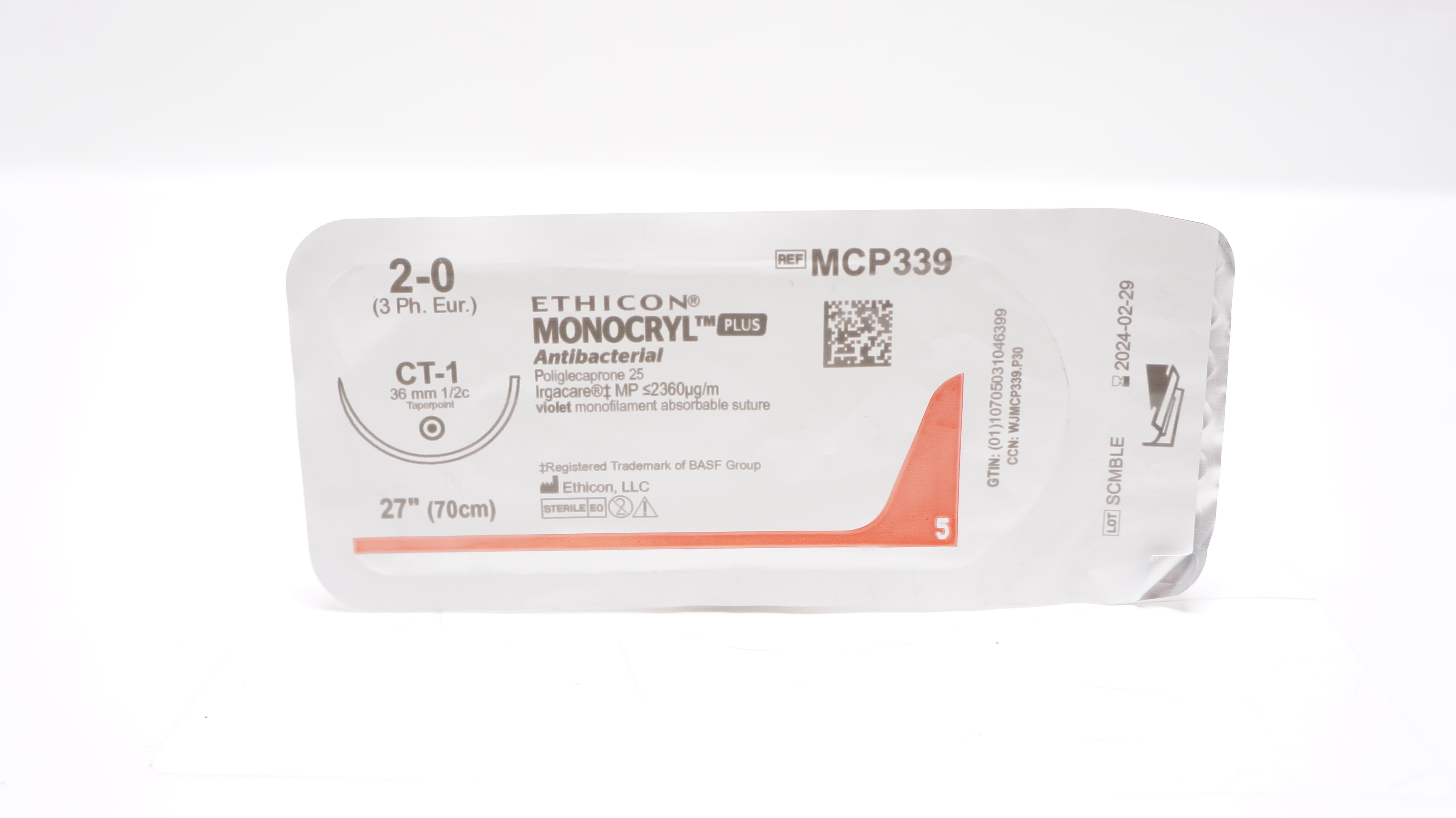 Ethicon MCP339 2-0 MONOCRYL Plus, CT-1, 36mm 1/2c Taper, 27inch