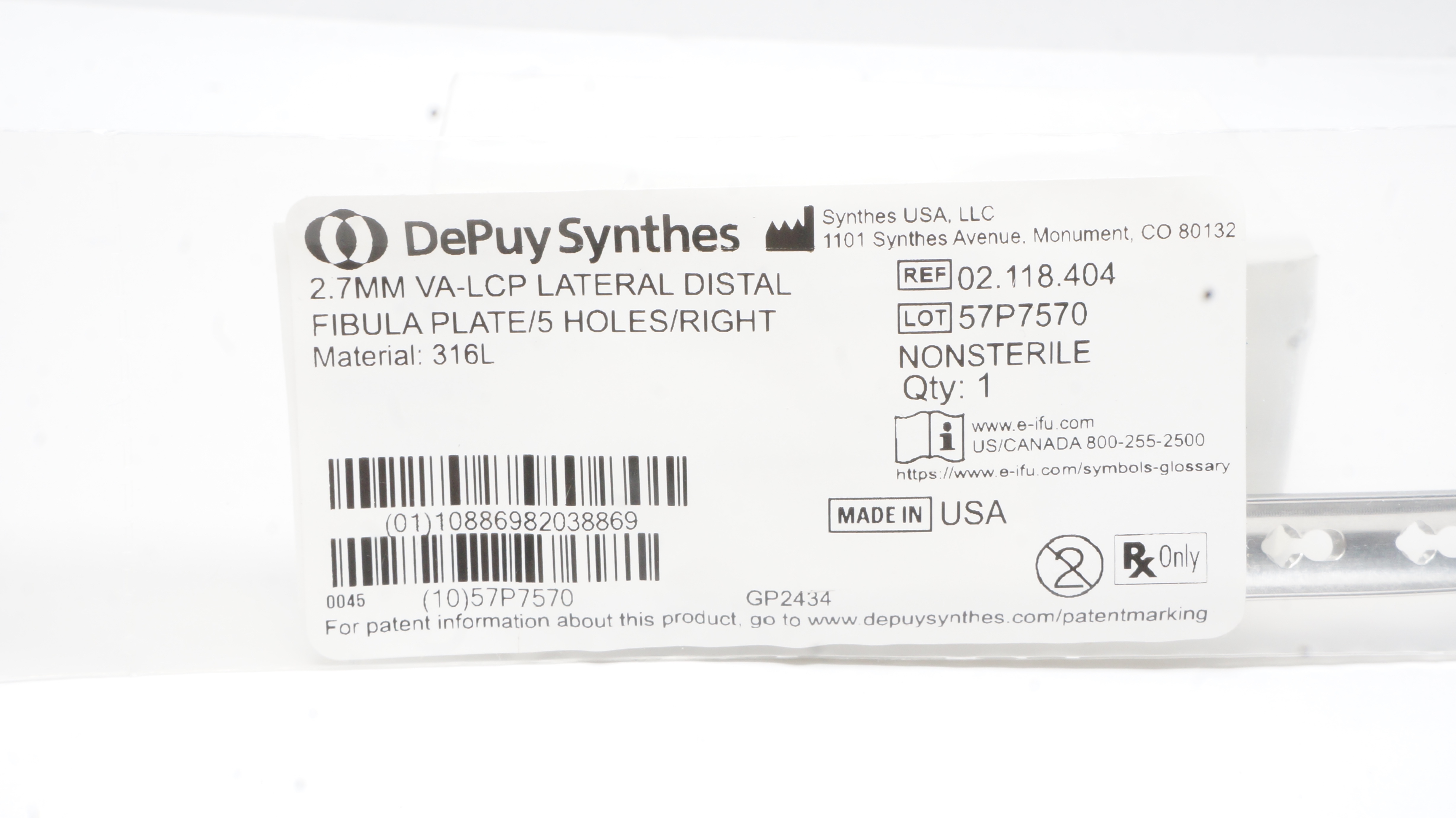 DePuy Synthes 02.118.404 2.7mm VA-LCP Lateral Distal Fibula Palte/5Holes/Right
