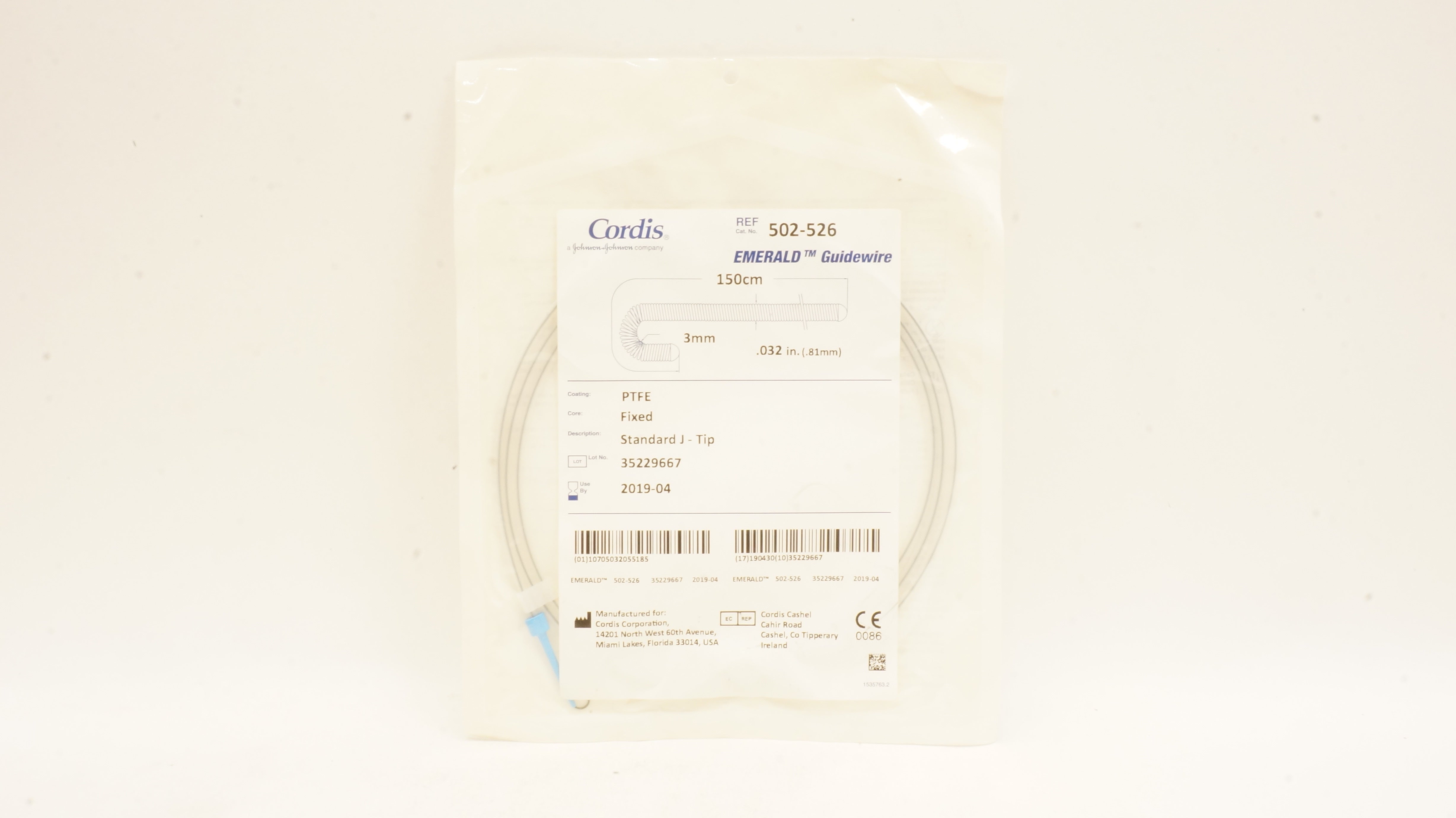 Cordis 502-526 Emerald Guidewire Standard J-Tip 0.032inch x 3mm x 150cm (x)
