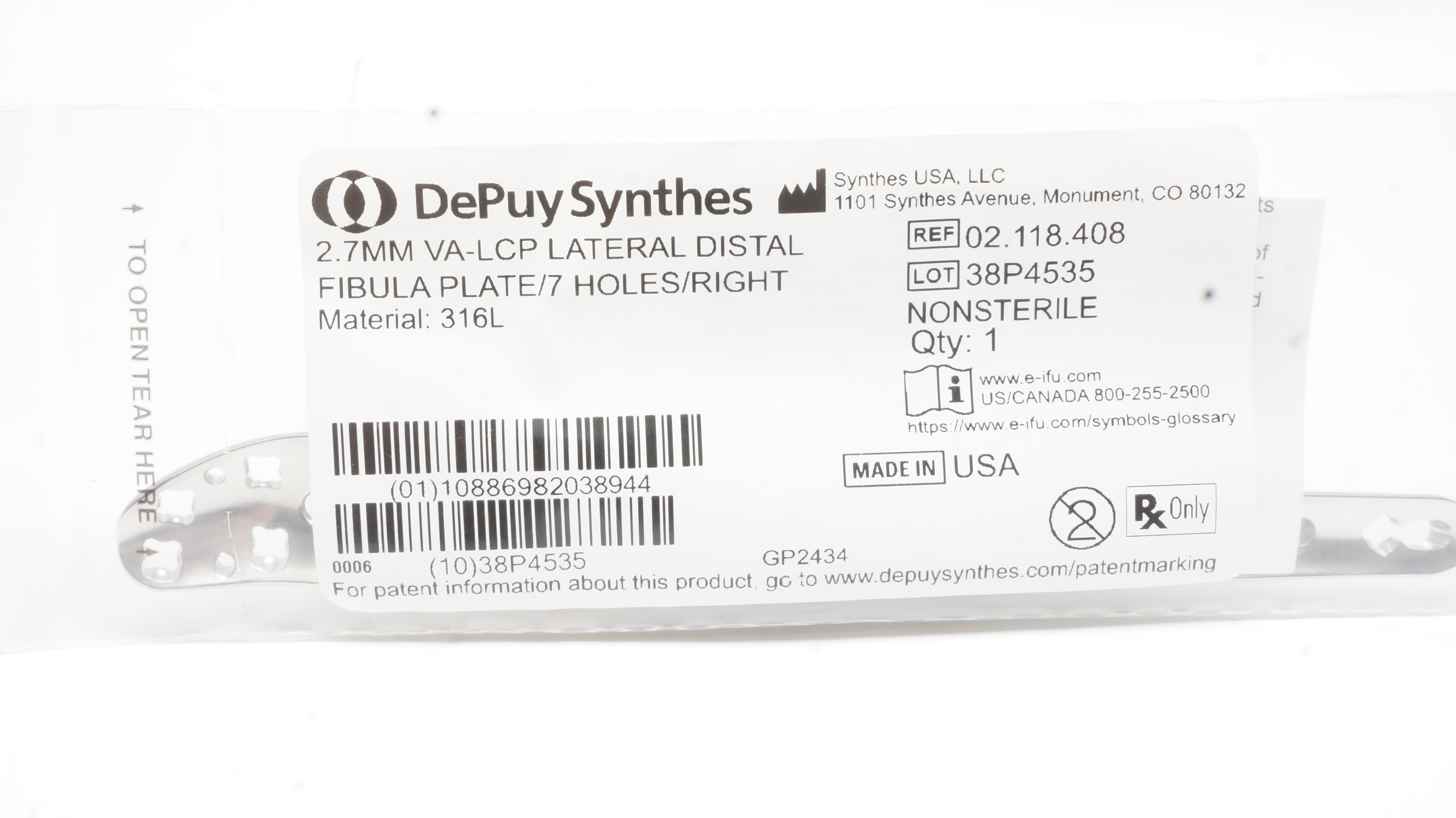 DePuy Synthes 02.118.408 2.7mm VA-LCP Lateral Distal Fibula Plate /7Holes/Right