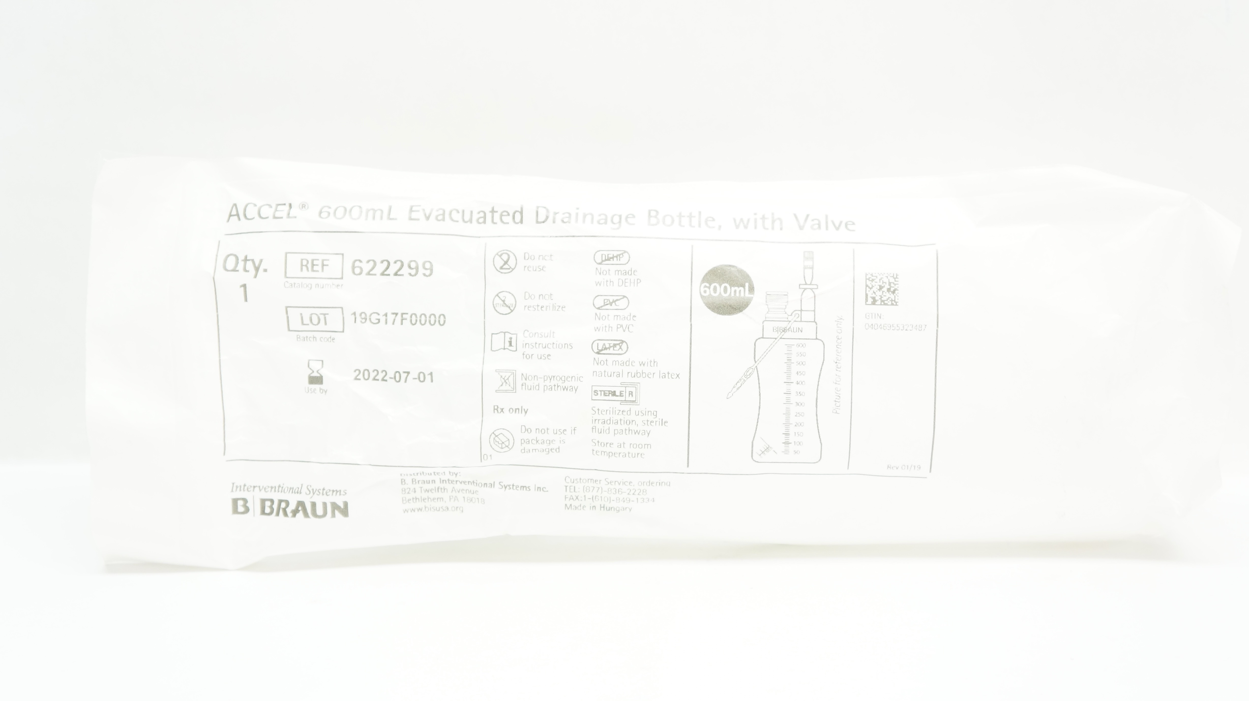 B.Braun 622299 ACCEL 600ml Evacuated Drainage Bottle w/Valve (x)