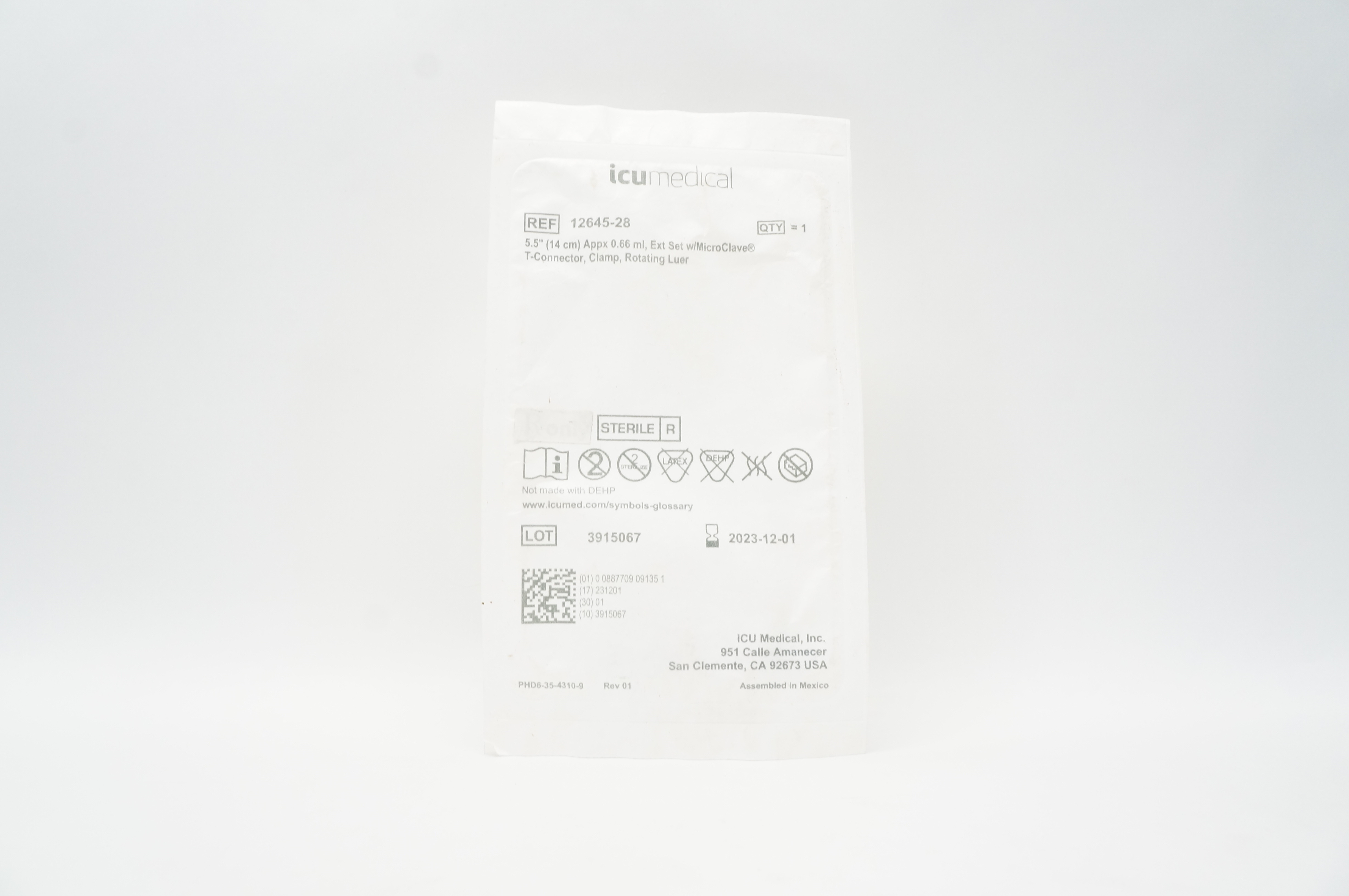 ICU Medical 12645-28 Ext Set w/Micro Clave T-Connector, Rotating Luer, 5.5inch