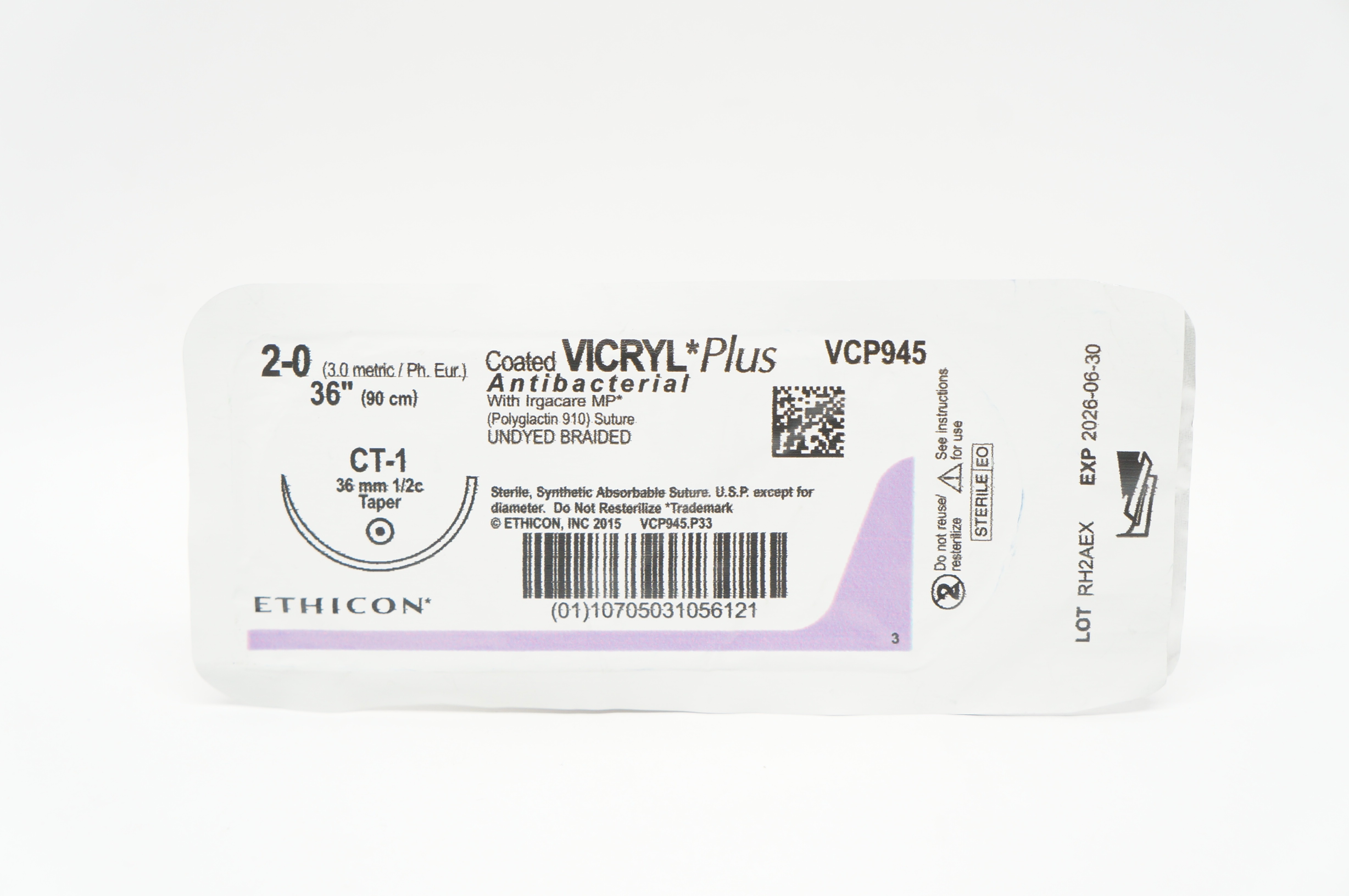 Ethicon VCP945 2-0 VICRYL Plus CT-1 36mm 1/2c Taper, 36inch
