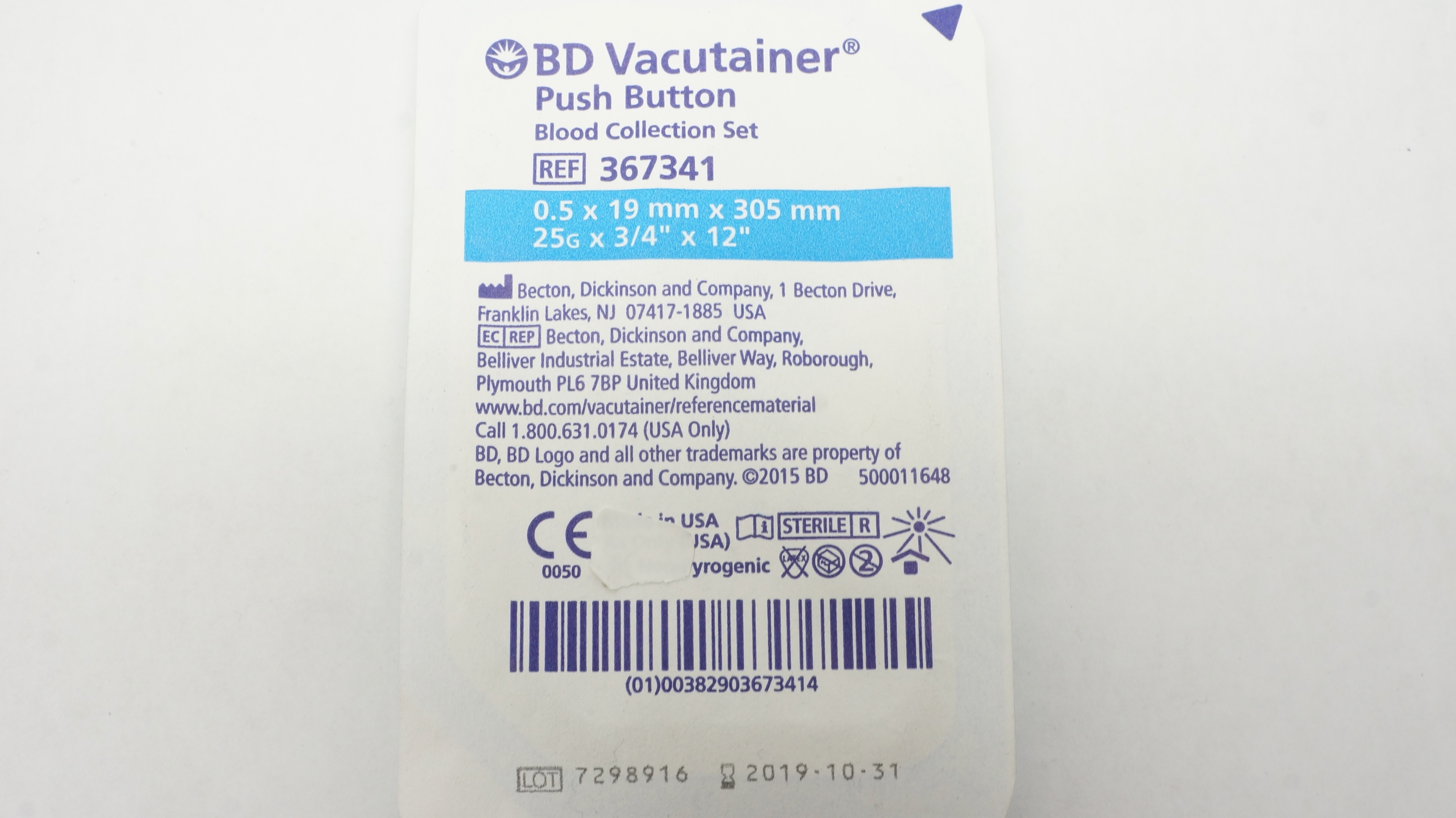 BD 367341 Vacutainer Push Button Blood Collection Set 0.5 x 19mm x 305mm (x)