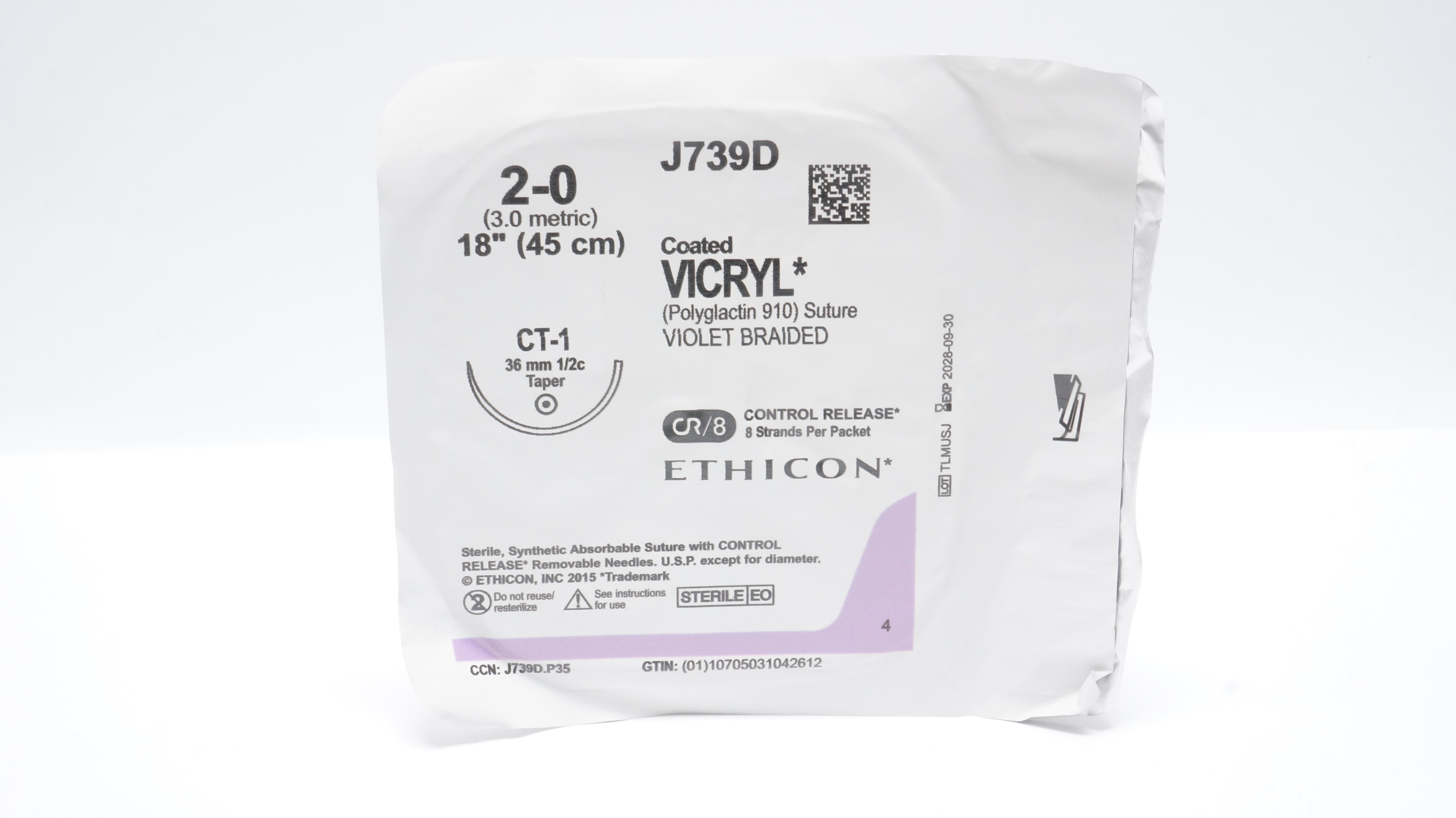 Ethicon J739D 2-0 Coated VICRYL Polyglactin Stre CT-1 Taper 1/2c 36mm, 18inch