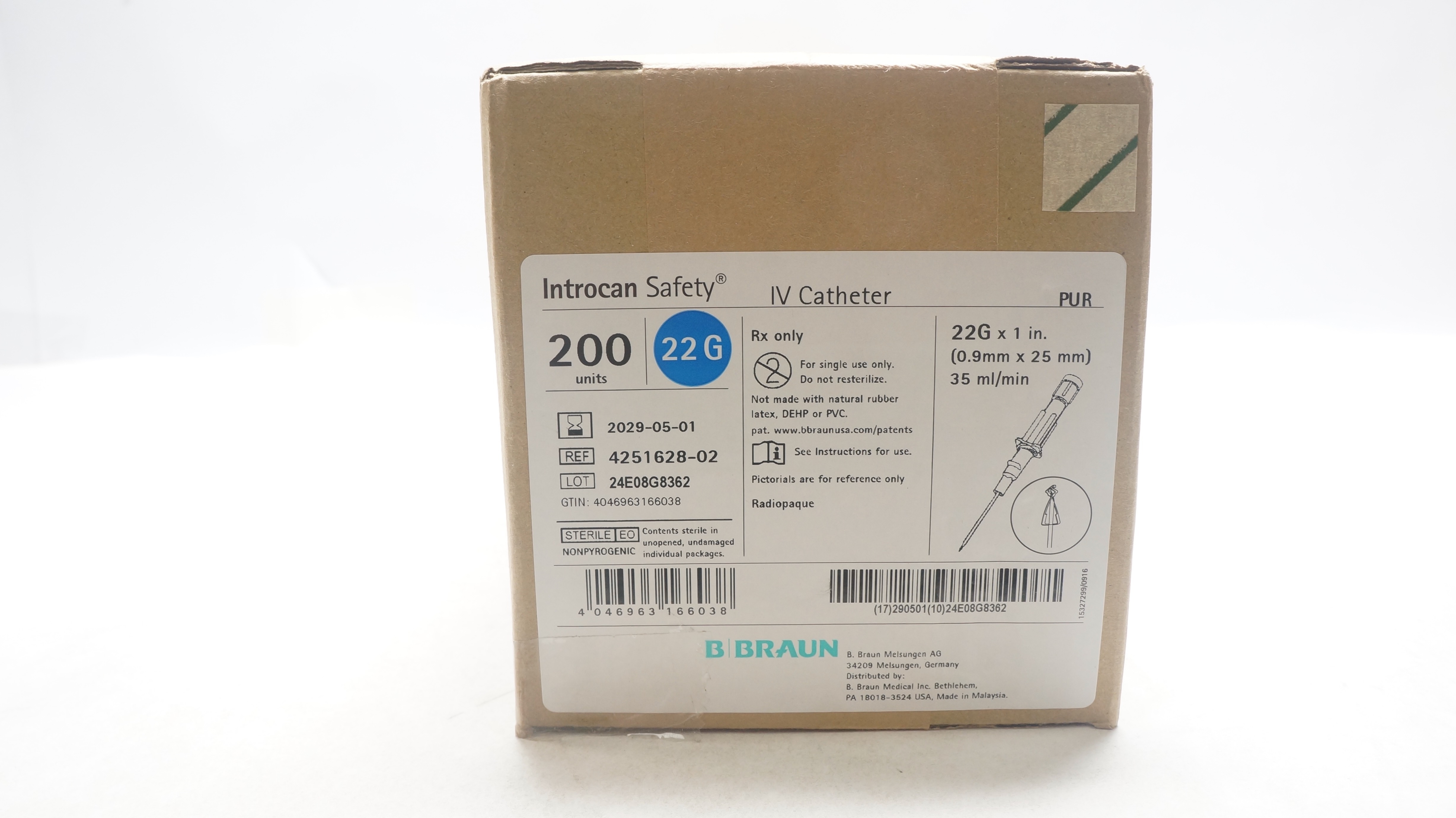 Braun 4251628-02 Introcan Safety IV Cath. 22G x 1inch 35ml/min - Box of 200