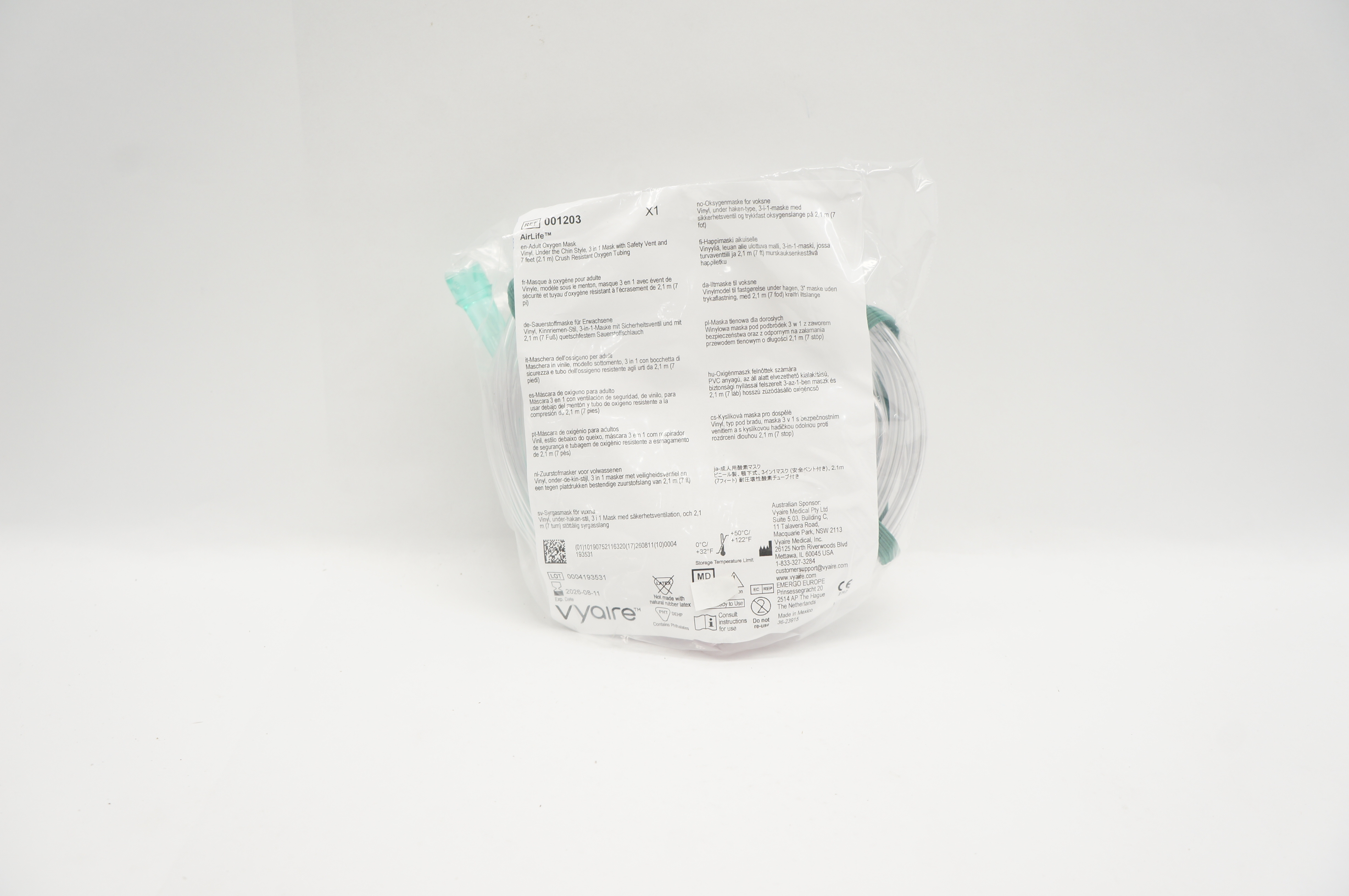 Vyaire 001203 AirLife Adult Oxygen Mask Vinyl w/Resistant Oxygen Tubing 7ft.