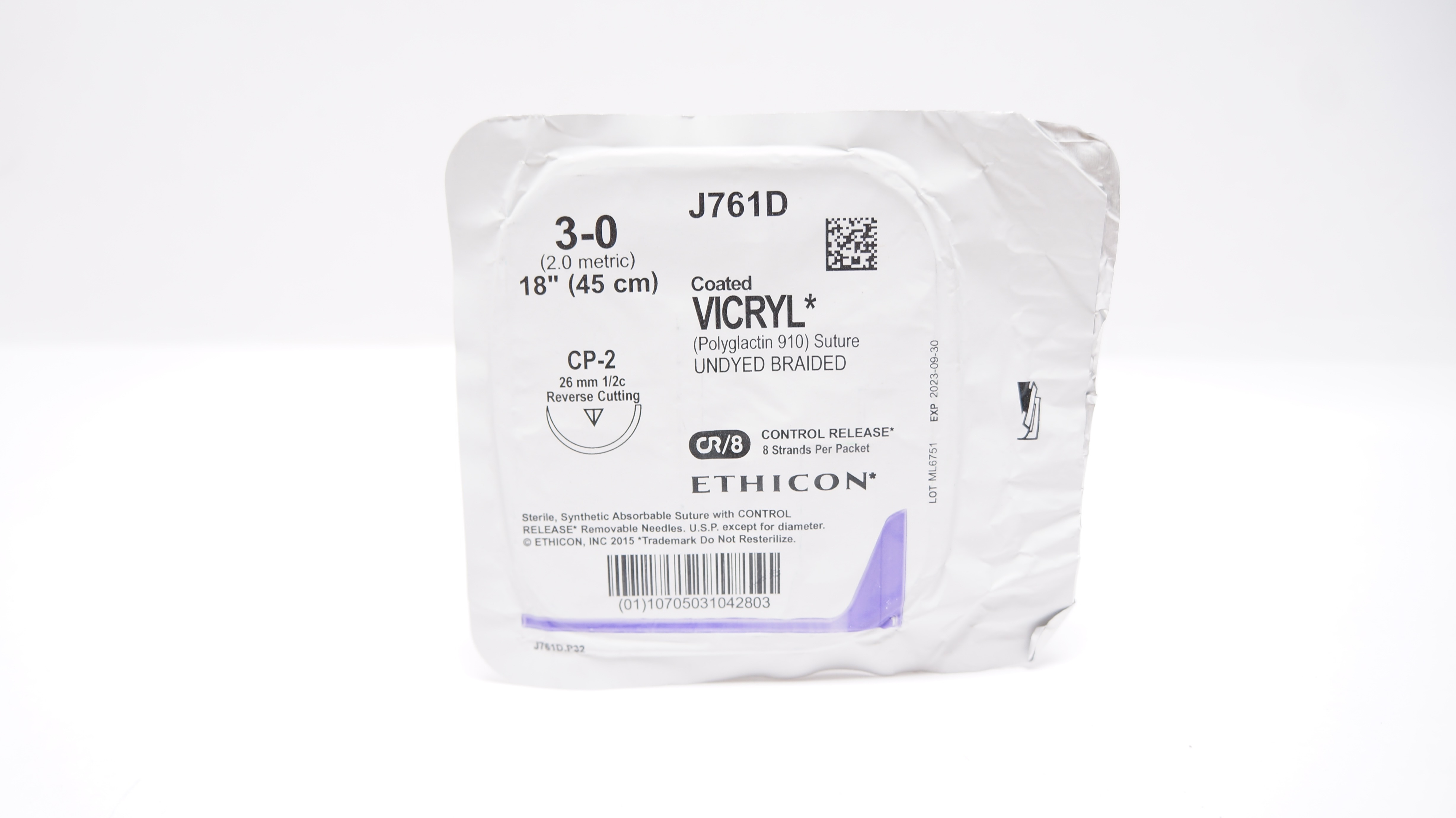 Ethicon J761D 3-0 Coated VICRYL Stre CP-2 26mm 1/2c Reverse Cutting, 18inch (x)