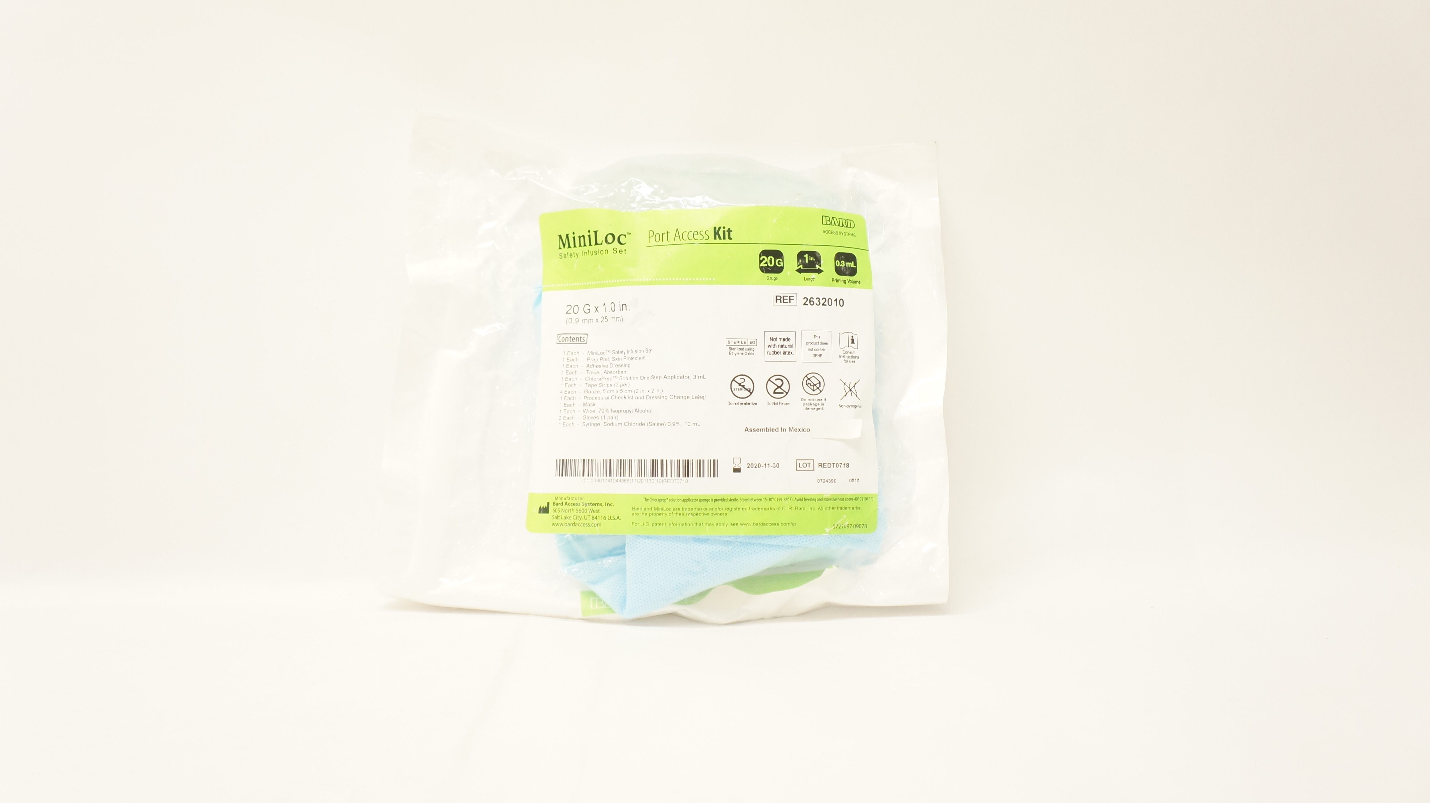 Bard 2632010 MiniLoc Safety Infusion Set Port Access Kit 20G x 1 inch x 0.3mL(x)