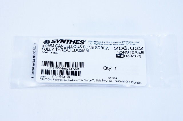 Synthes 206.022 4.0mm Cancellous Bone Screw Fully Threaded/22mm
