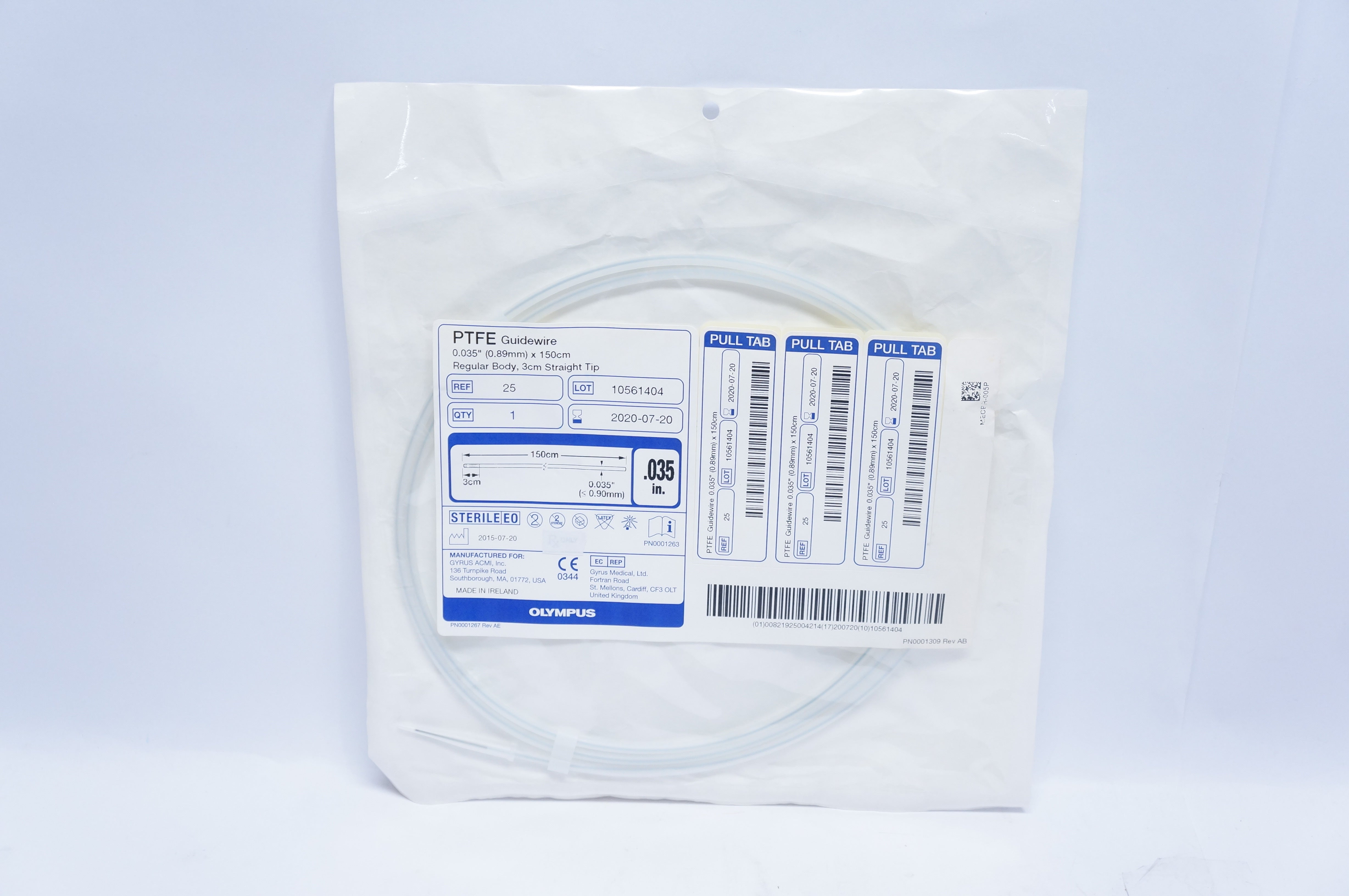 Olympus 25 PTFE Guidewire Regular Body, 3cm Straight Tip 0.035inch x 150cm (x)