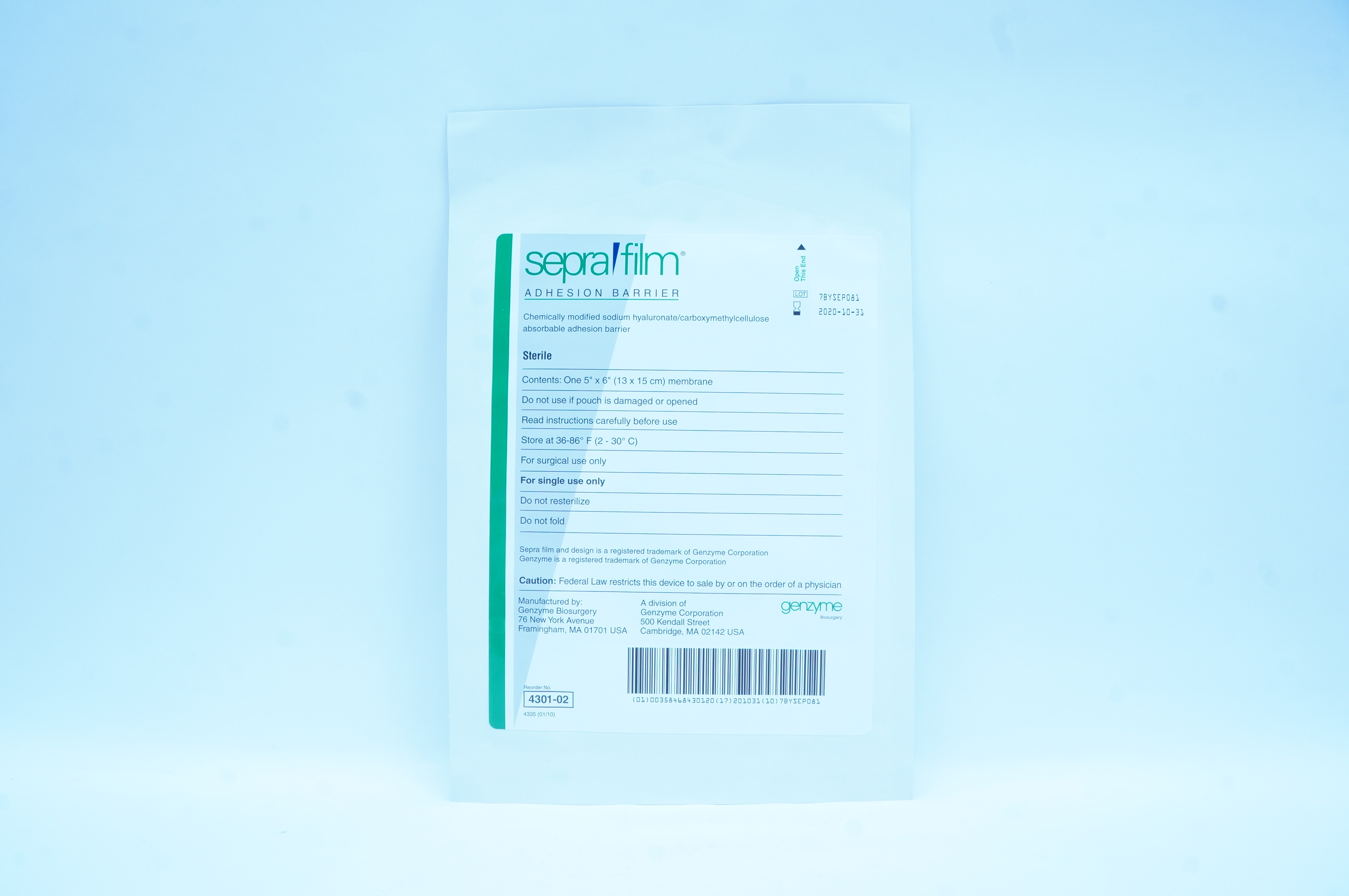 Genzyme 4301-02 Sepra Film Adhesion Barrier, One Membrane 5 inch x 6 inch (x)