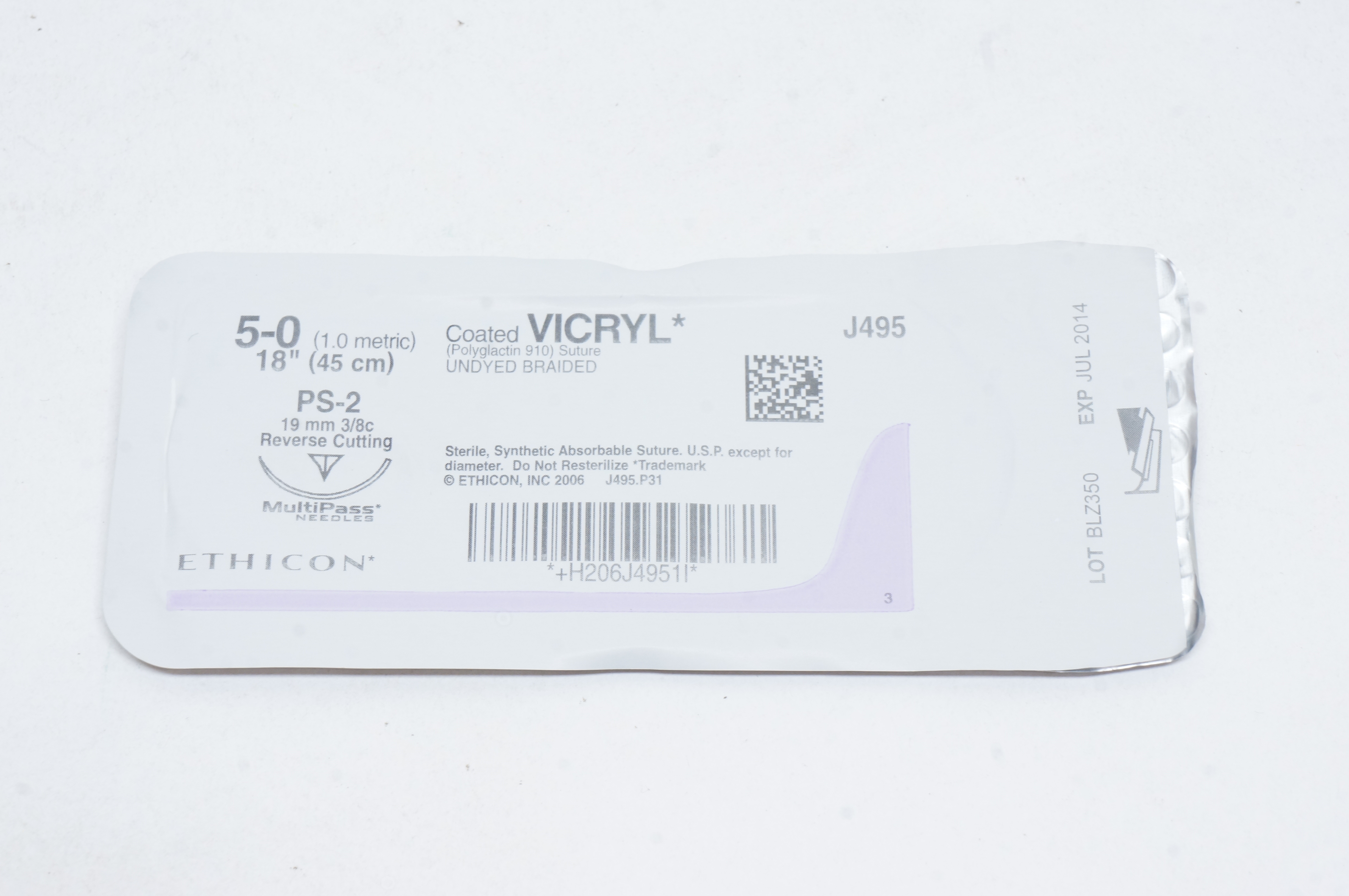 Ethicon J495 5-0 VICRYL, PS-2, 19mm 3/8c Reverse Cutting, 18inch (x)
