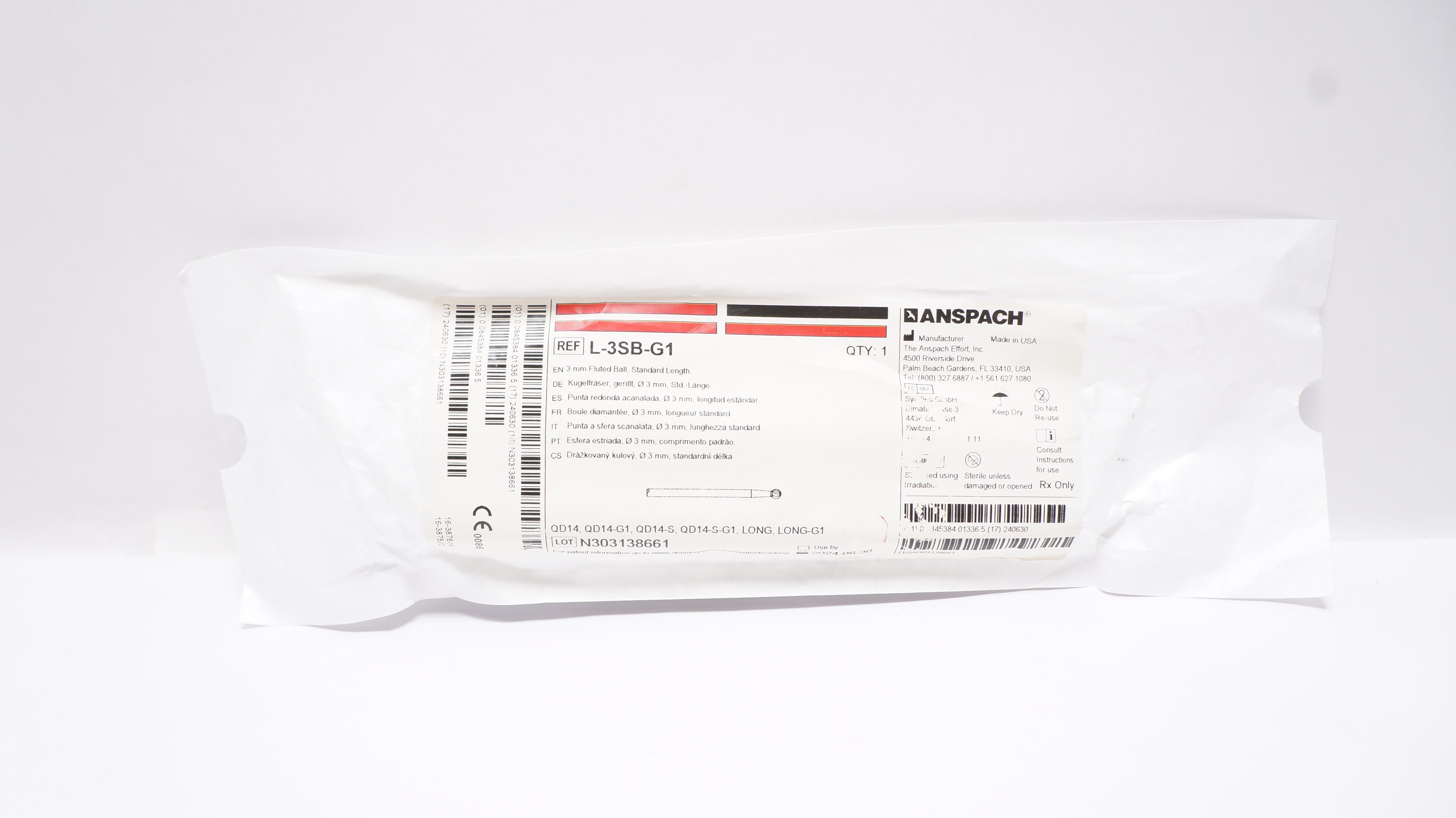 Anspach L-3SB-G1 Fluted Ball, Standard Length 3mm