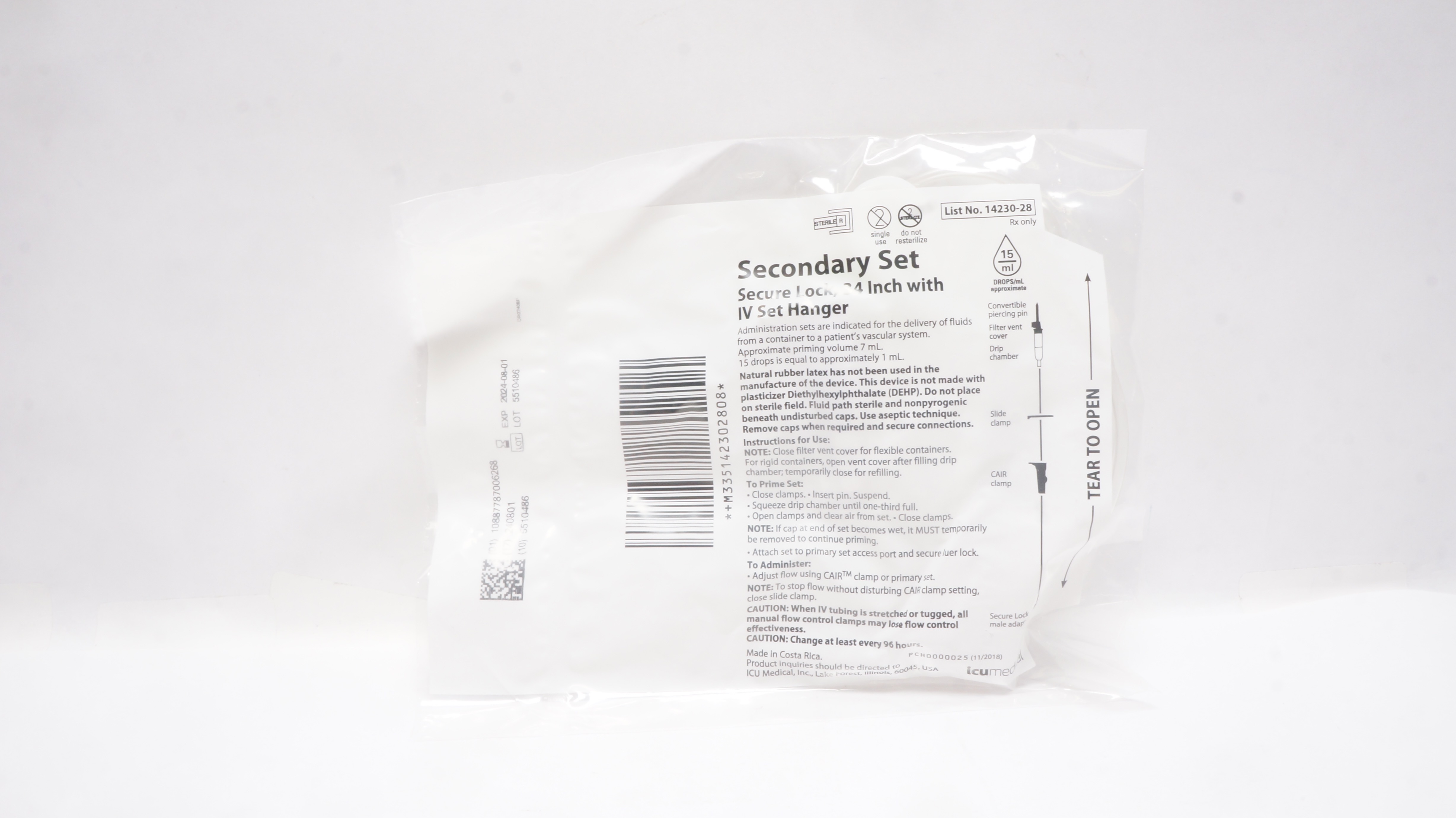 ICU Medical 14230-28 SecondarySet Secure Lock 34inch w/IV Set Hanger 15 Drops/mL