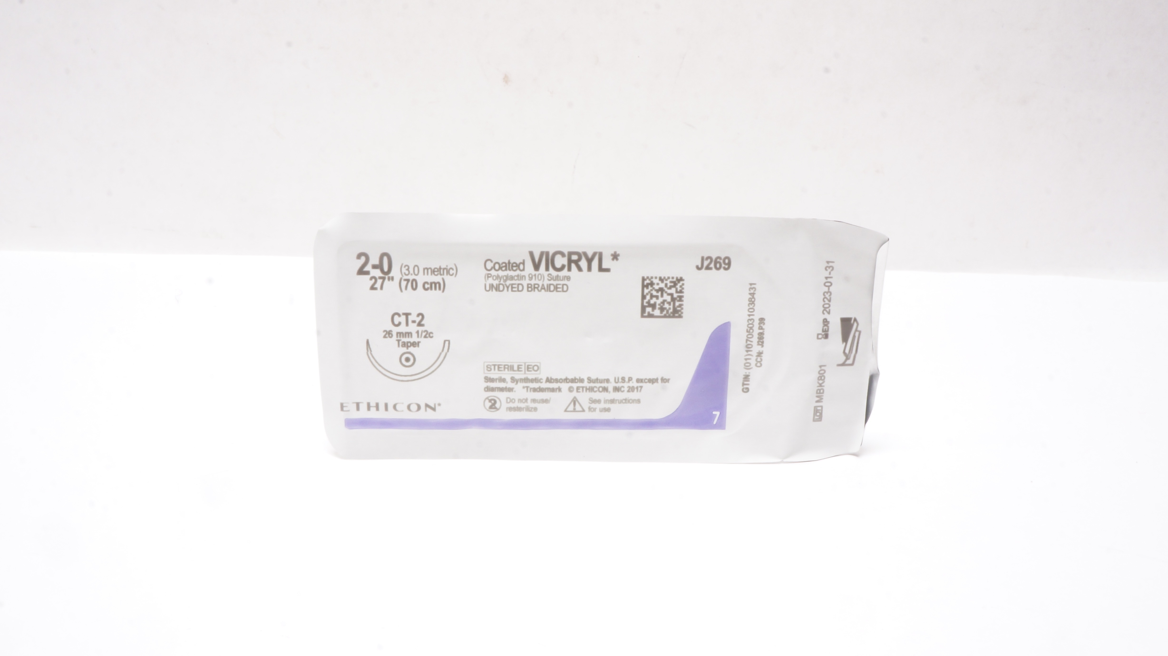 Ethicon J269 2-0 Coated VICRYL Stre CT-2 26mm 1/2c Taper 27 inch (x)