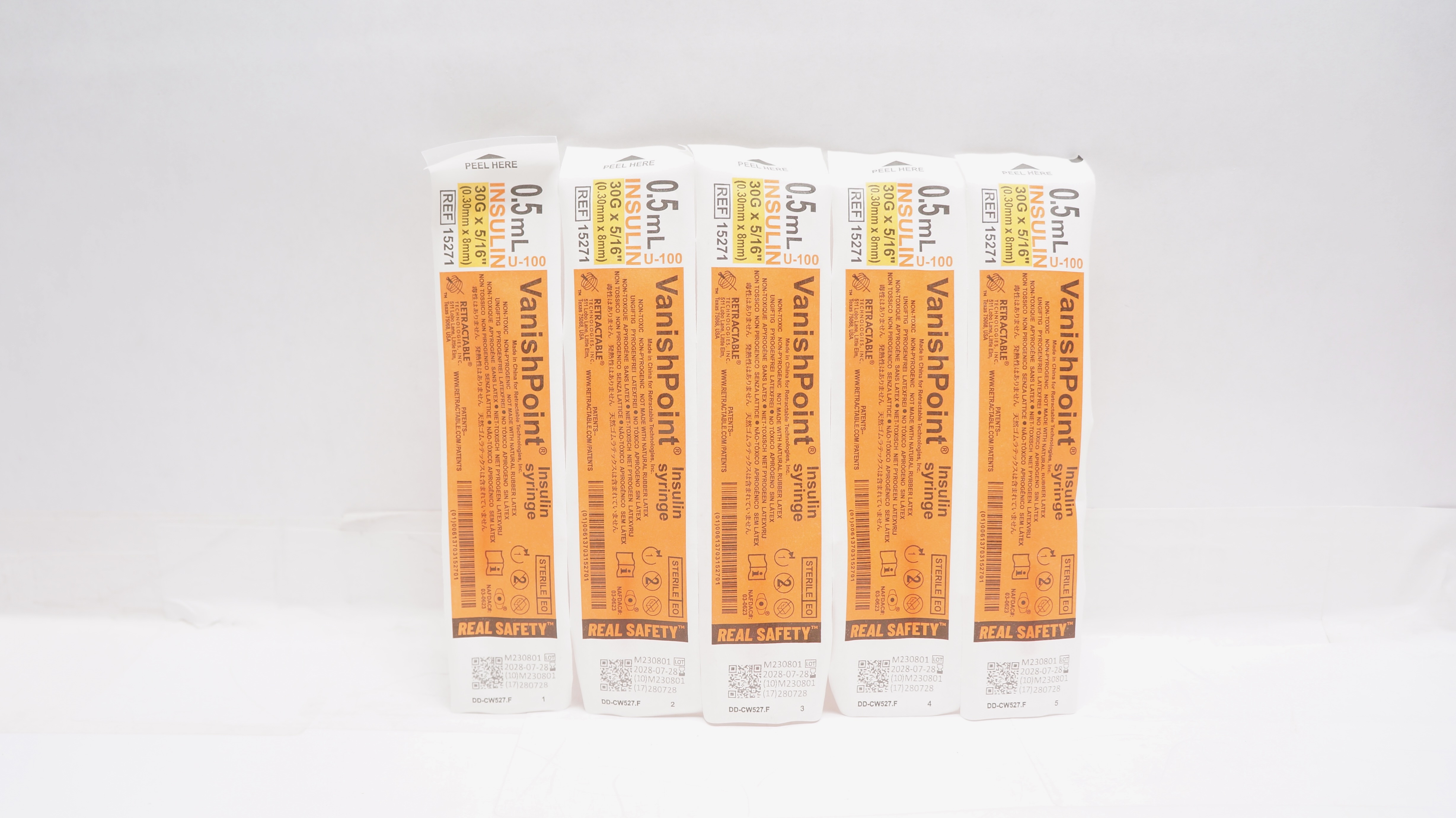 Retractable 15271 Vanish Point Insulin Syringe U-100 0.5ml 30G x 5/16in - 5 Pack