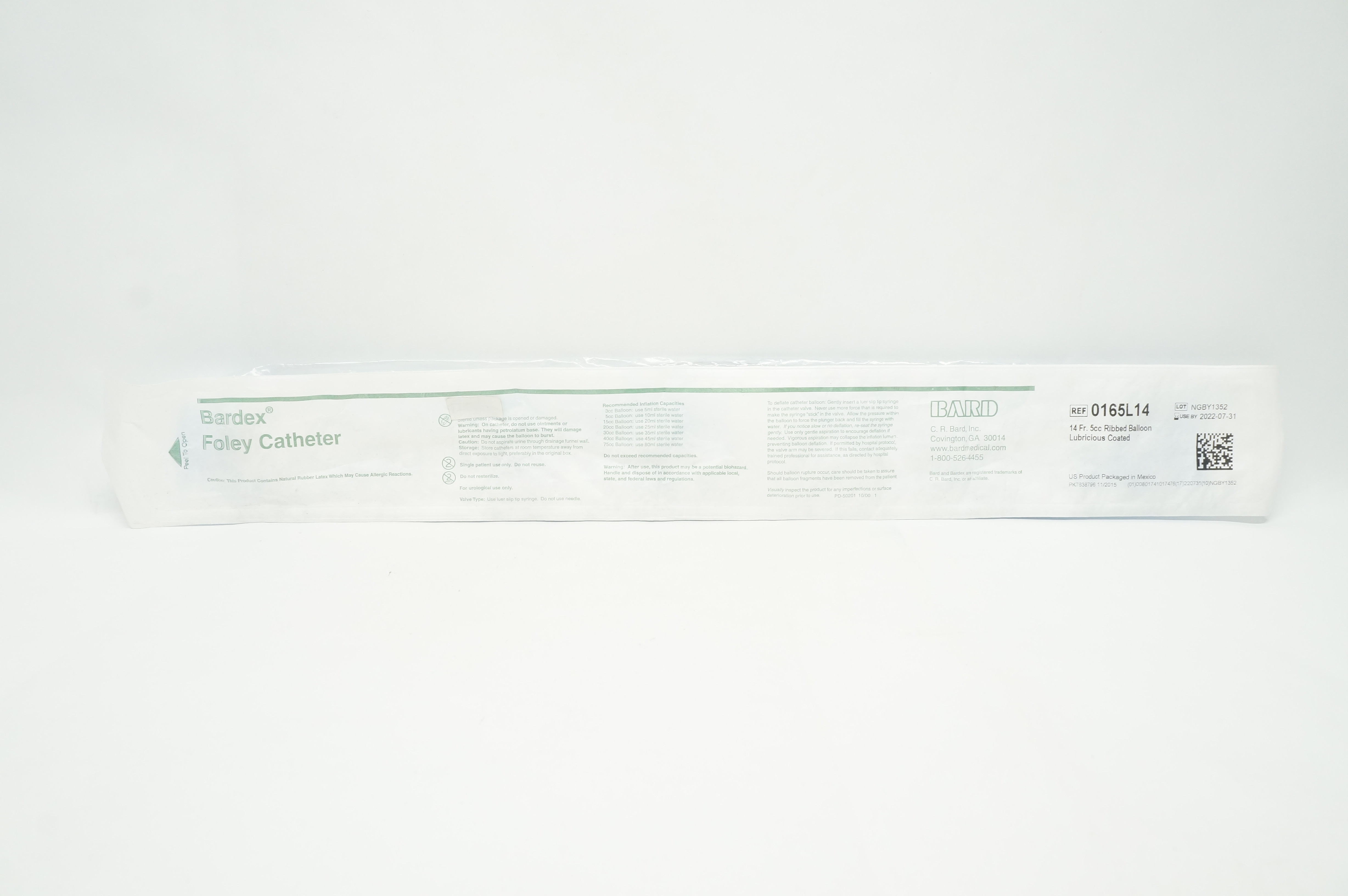 Bard 0165L14 Bardex Foley Cath. 14Fr 5cc Ribbed Balloon Lubricious Coated