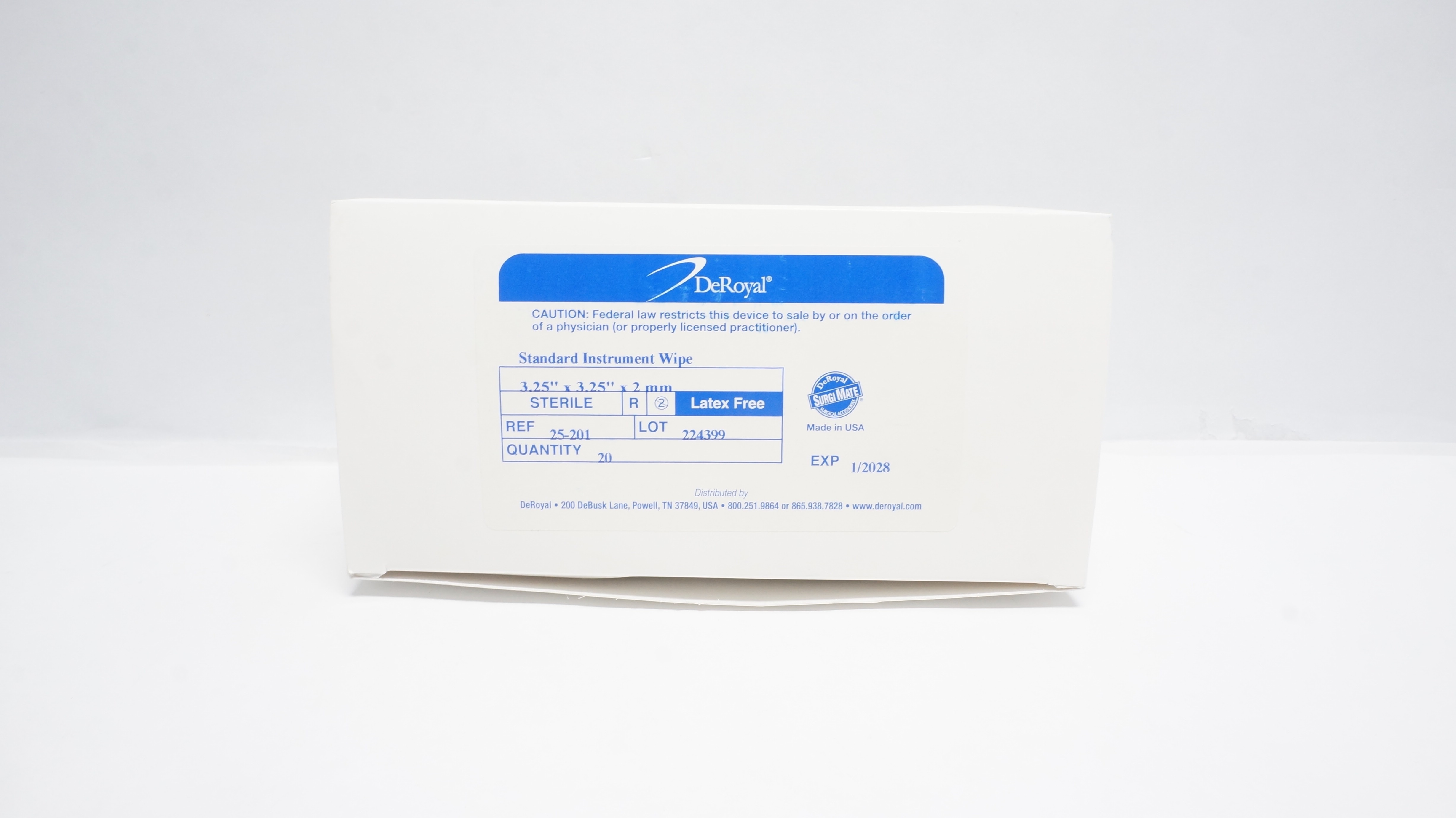 DeRoyal 25-201 Standard Instrument Wipe 3.25inch x 3.25inch x 2mm - Box of 20