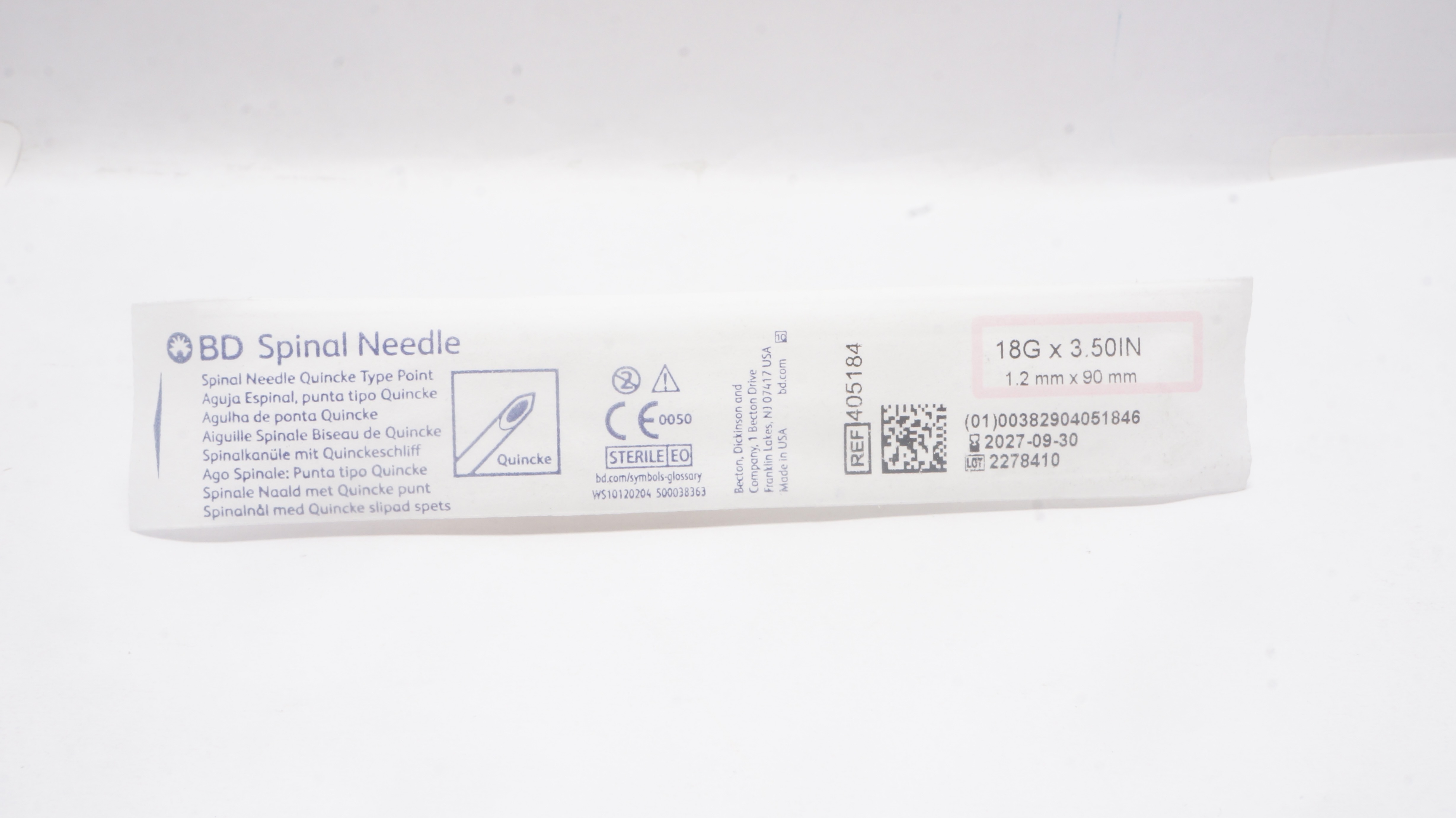 BD 405184 Becton Spinal Ndle Quincke Type Point 18G x 3.50inch