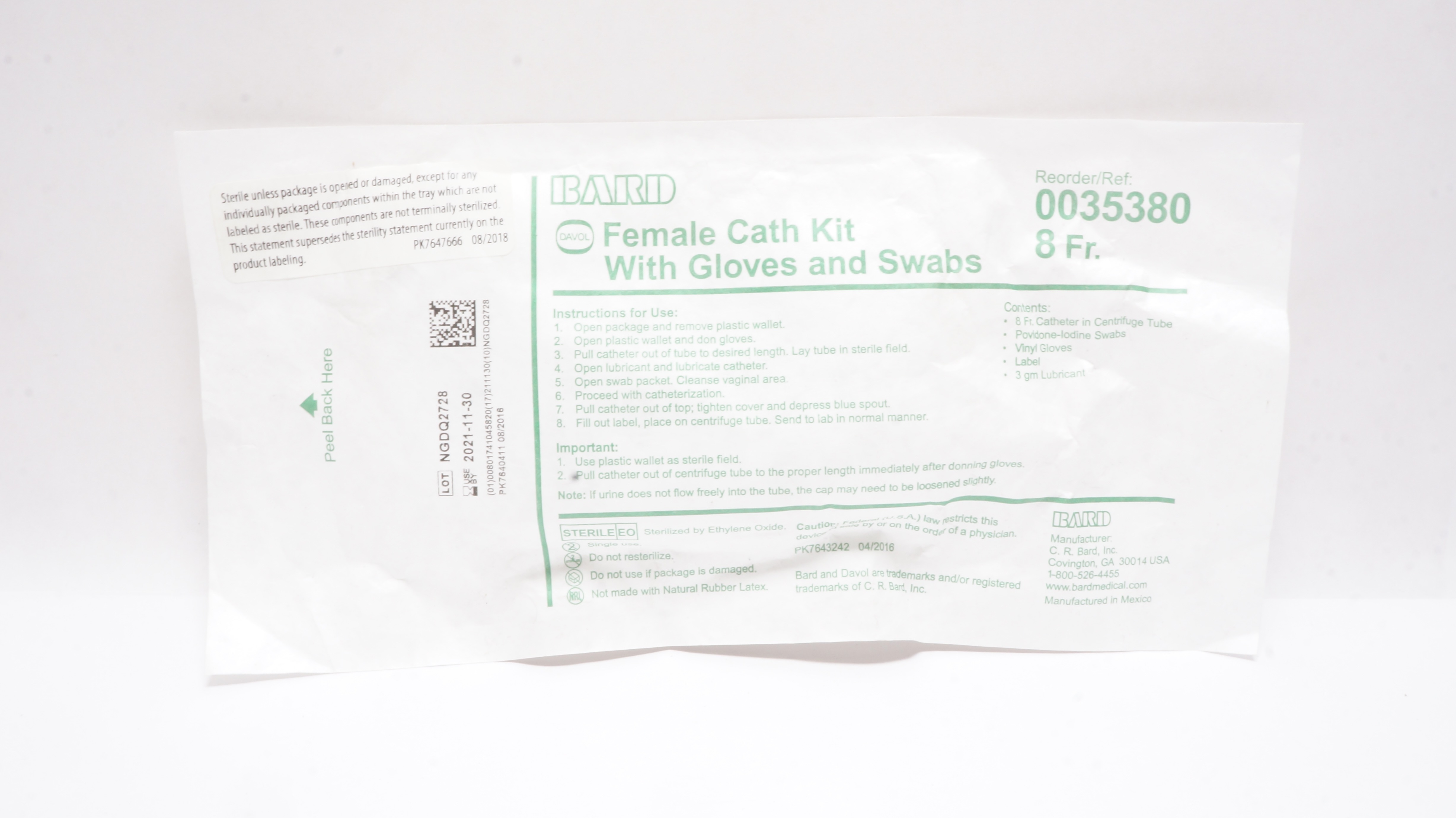 Bard 0035380 Female Cath Kit With Gloves and Swabs 8Fr (x)