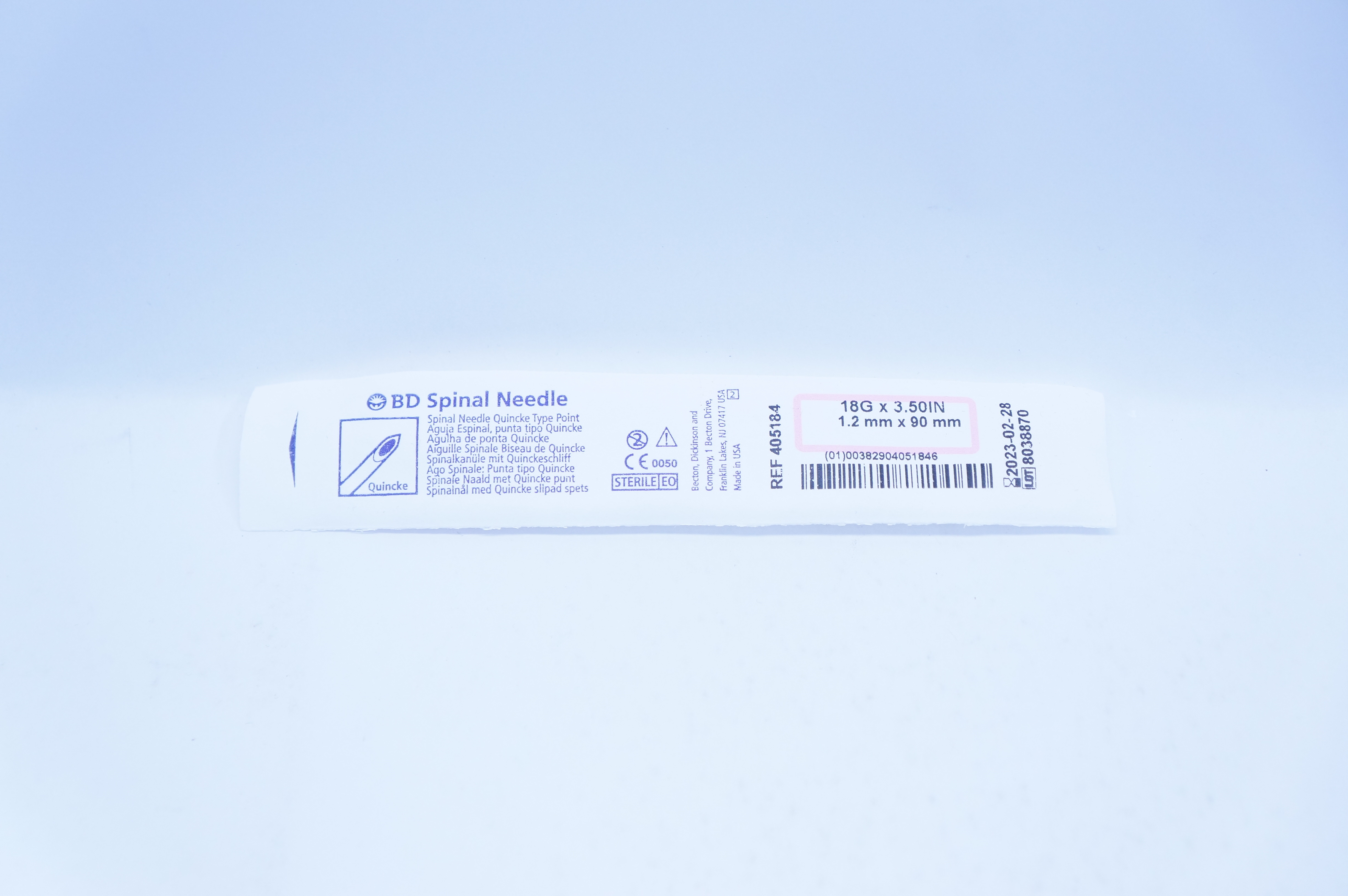 BD 405184 Becton Spinal Ndle. Quincke Type Point 18G x 3.50inch