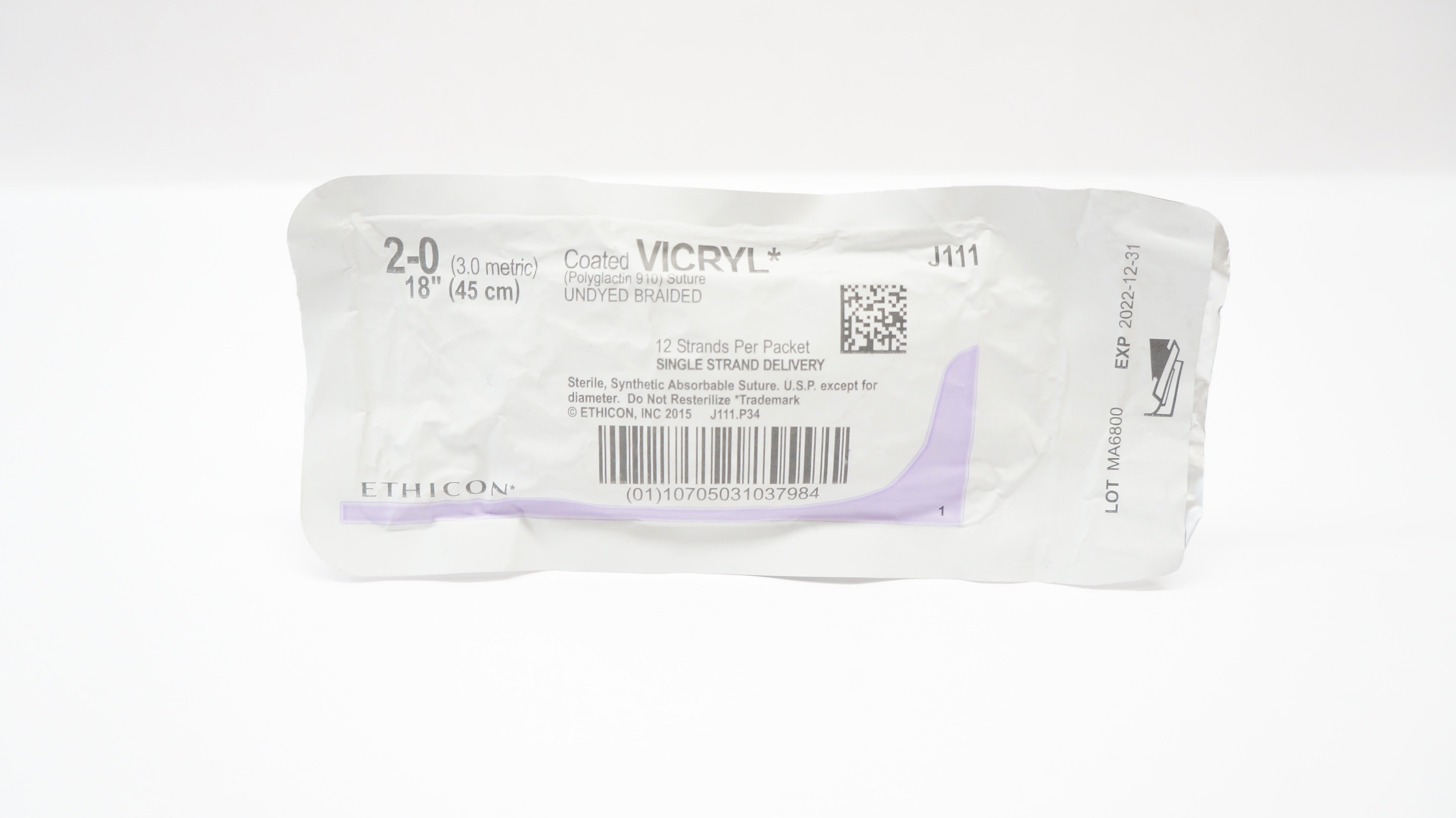 Ethicon J111 2-0 Coated VICRYL Polyglactin 910 Undyed Braided 18inch (x)
