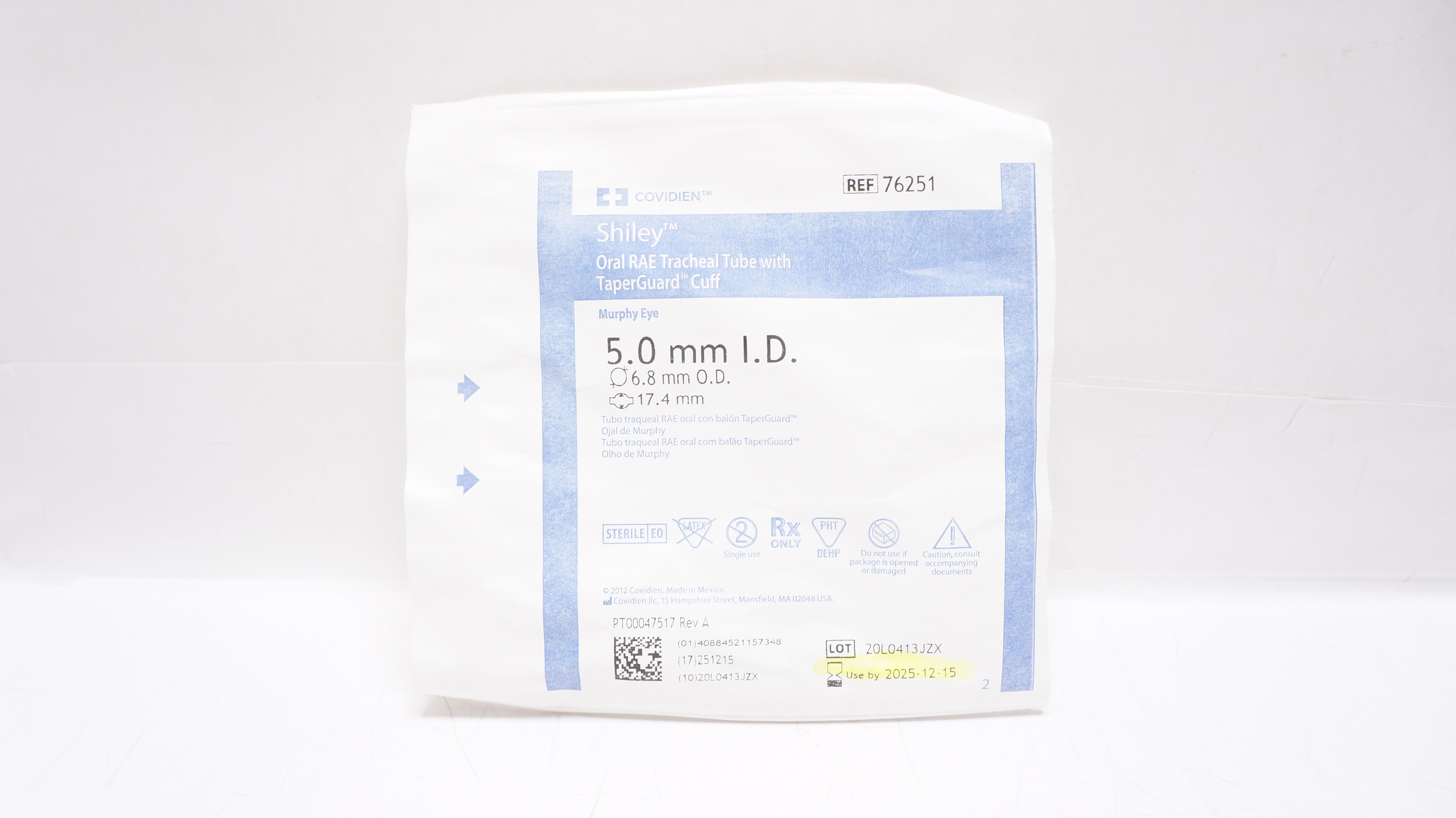 Covidien 76251 Shiley Oral RAE Tracheal Tube w/TaperGuard Cuff 5 x 6.8 x 17.4mm