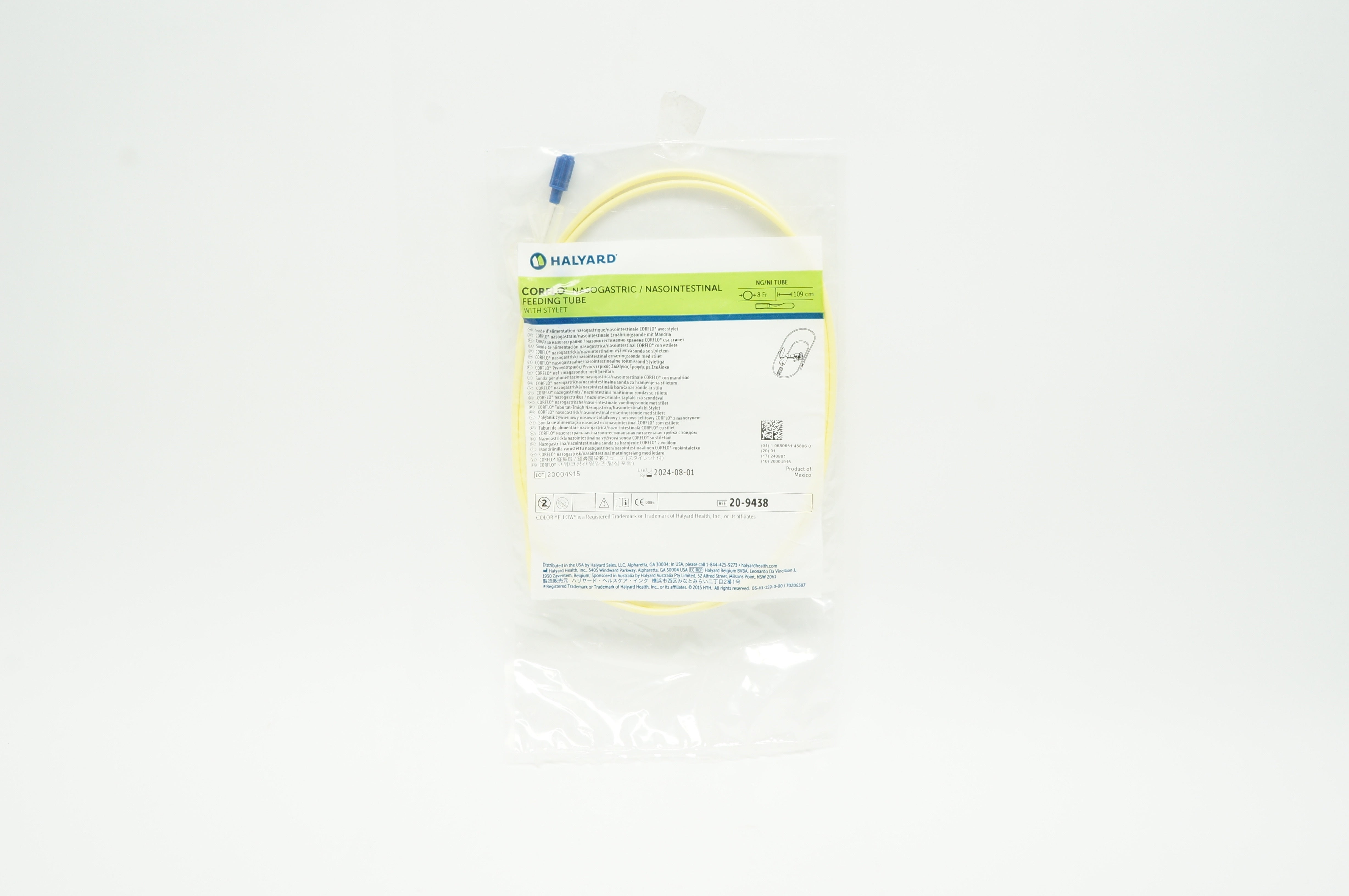 Halyard 20-9438 Corflo Nasogastric/Nasointestinal Feeding Tube 8Fr. x 109cm