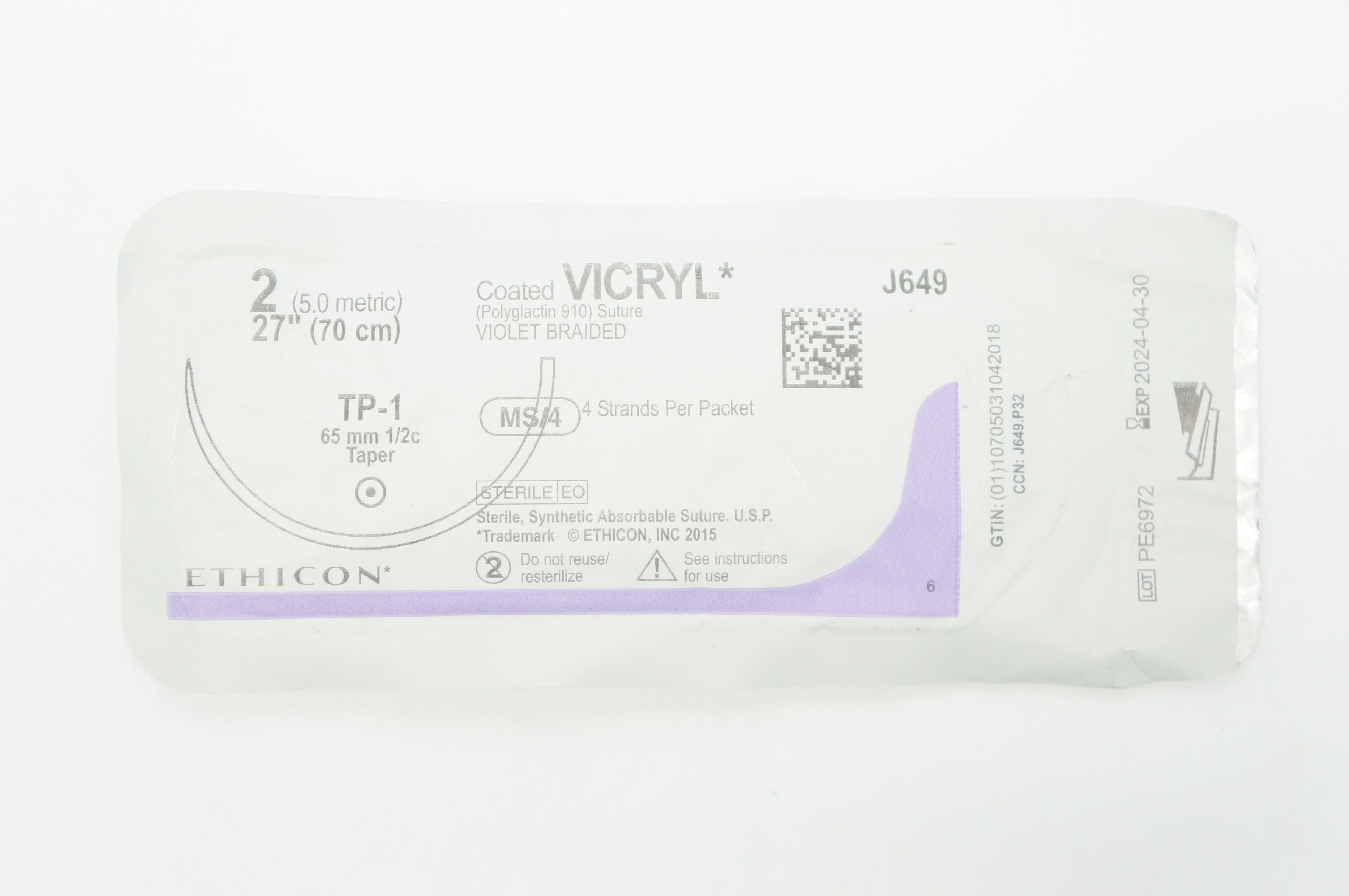 Ethicon J649 2 VICRYL TP-1 65mm 1/2c Taper 27inch