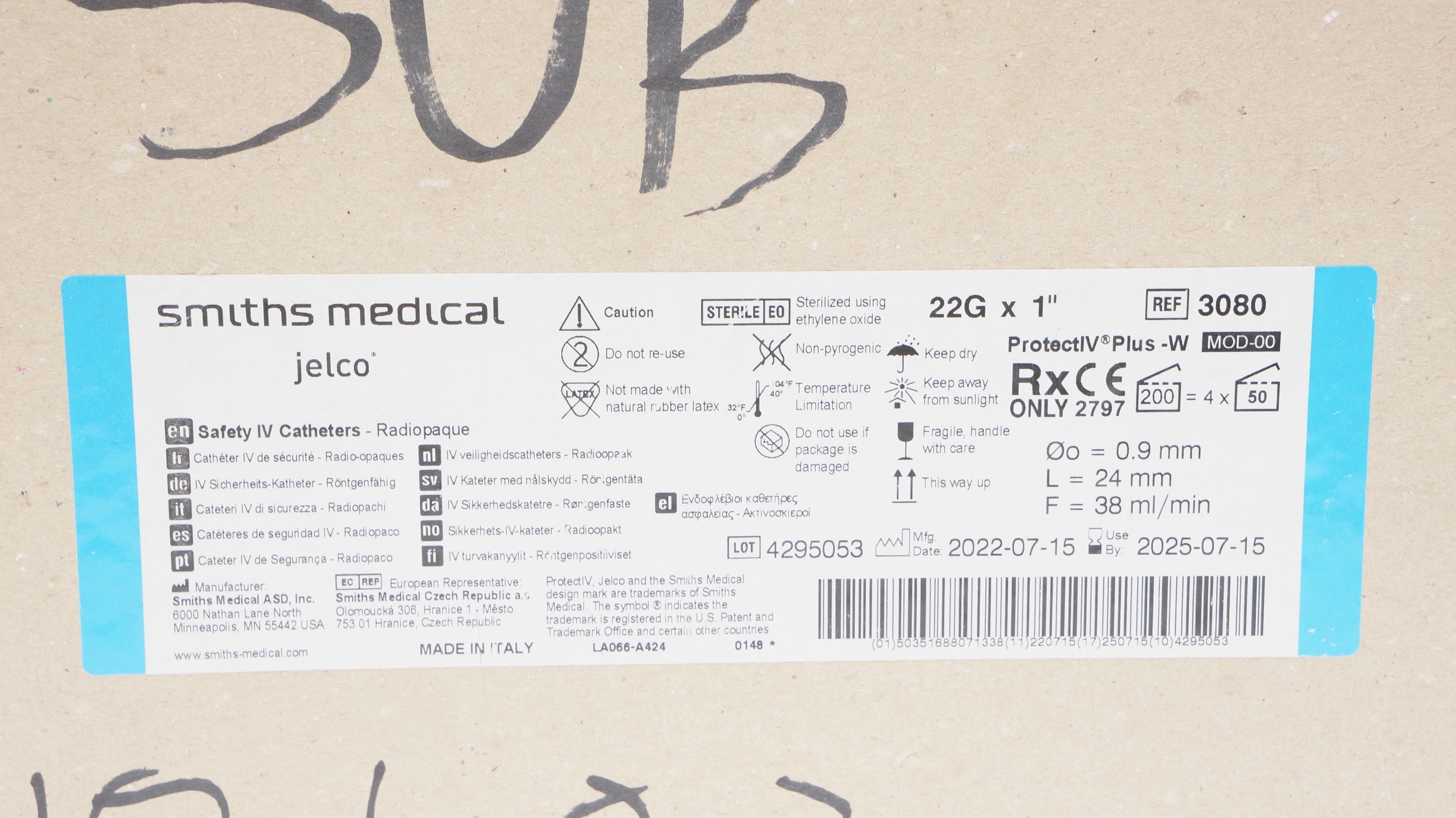 Smiths Medical 3080 ProtectIV Plus-W Safety IV Caths. 22G x 1inch - Box of 200