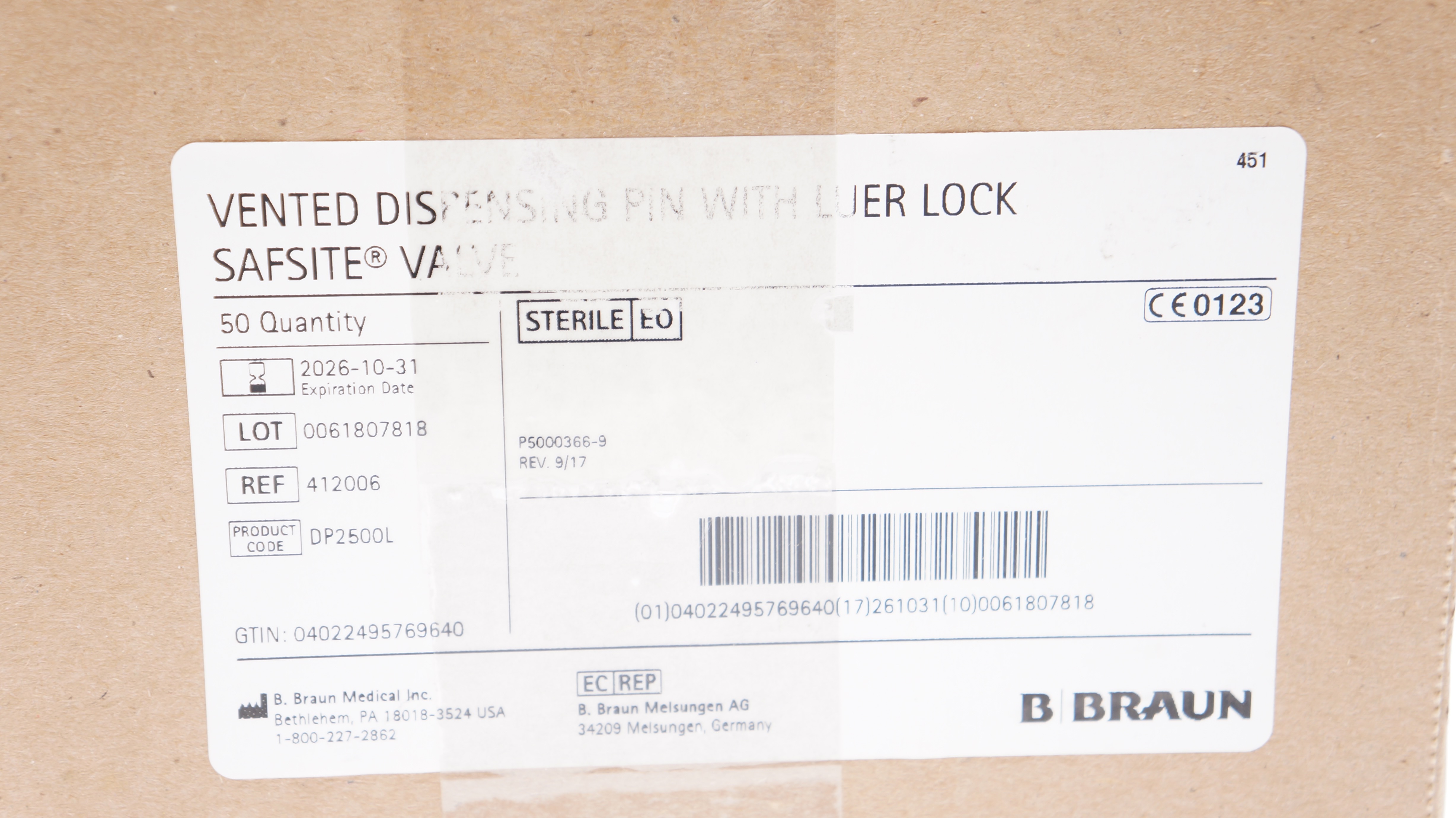 B.Braun 412006 Vented Dispensing Pin W/ Luer Lock Safsite Valve - Case of 50