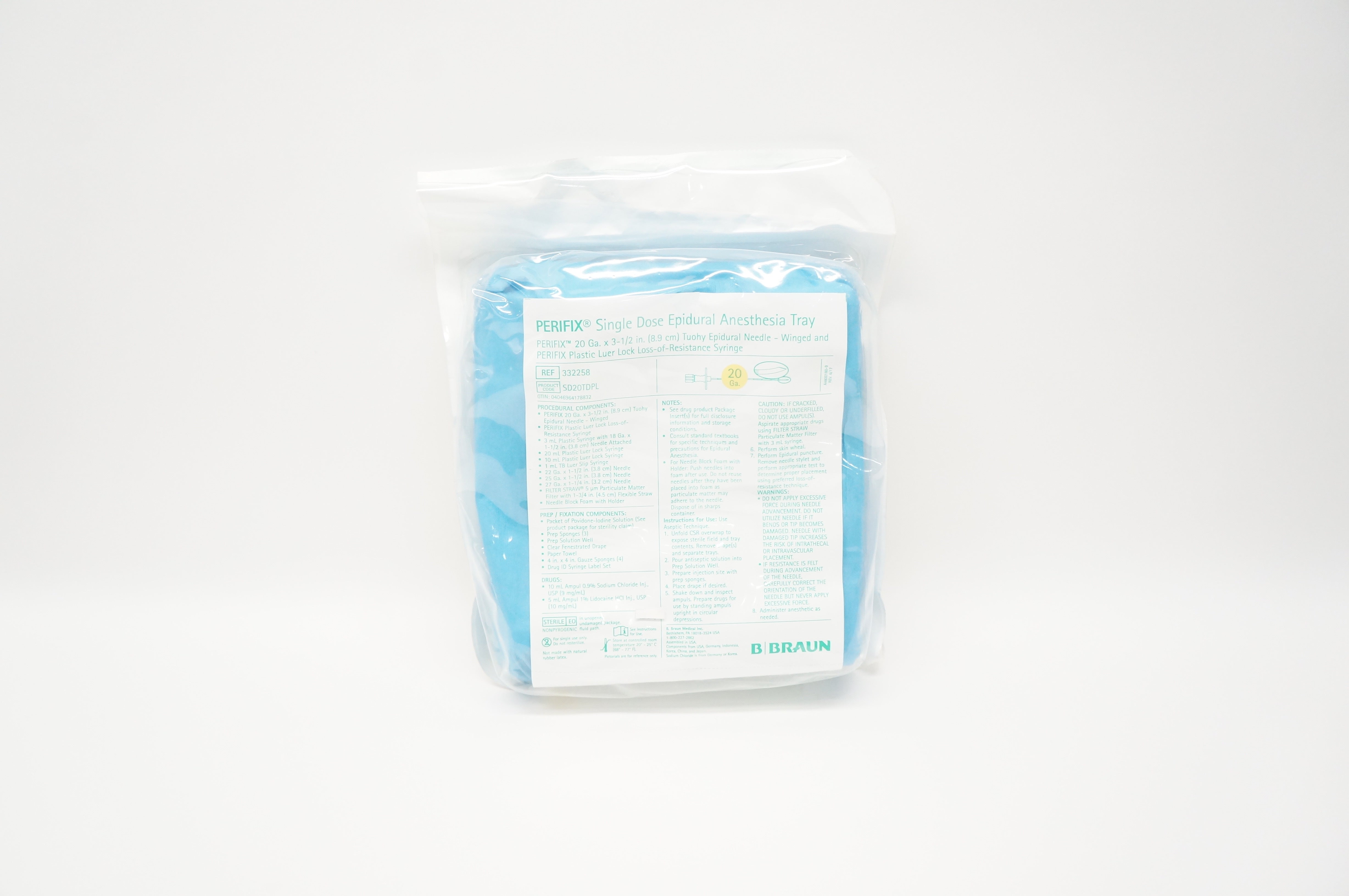 B. Braun 332258 Perifix Single Dose Epidural Anesthesia Tray 20Ga x 3 1/2inch(x)