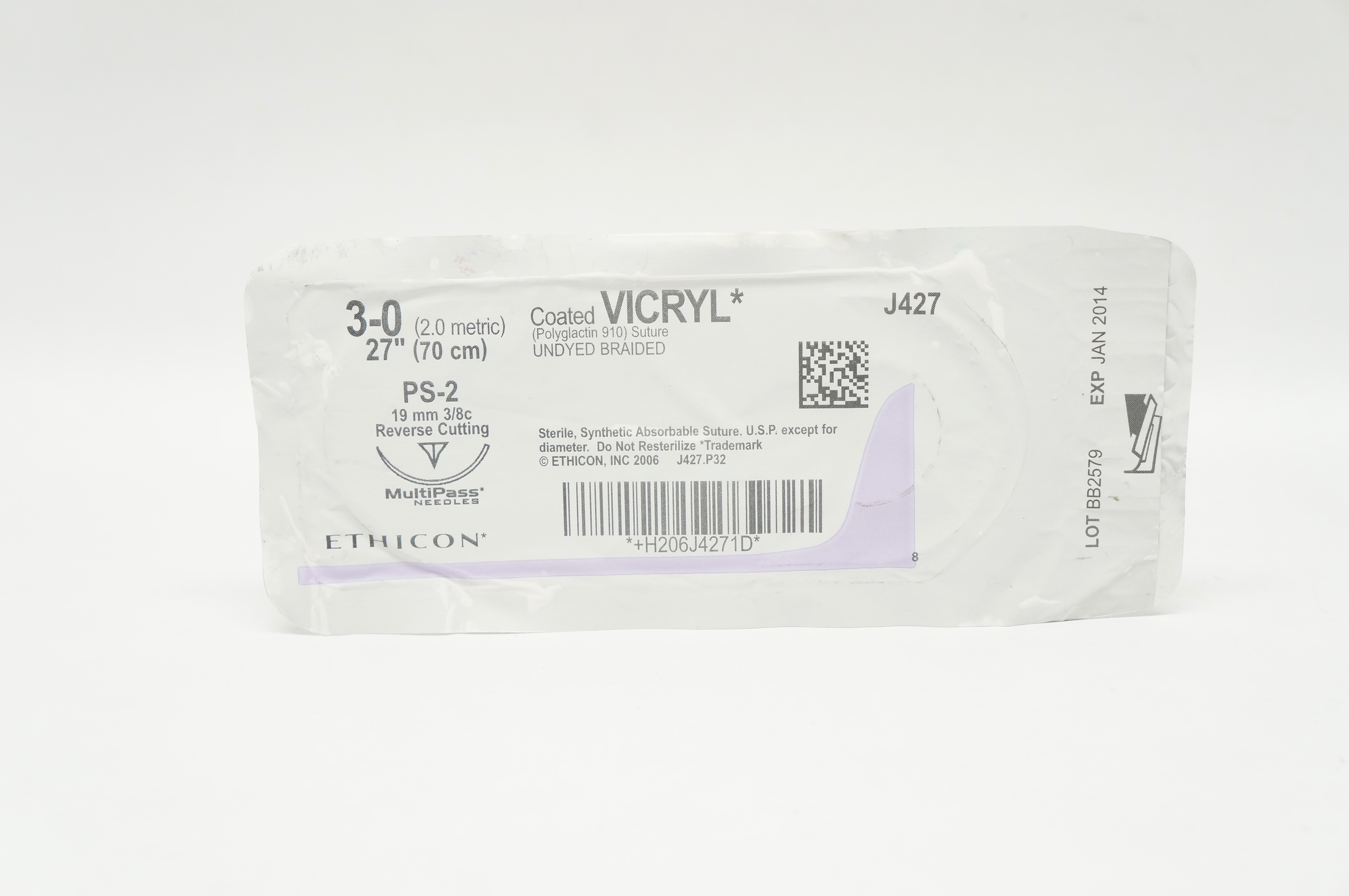 Ethicon J427 3-0 Coated Vicryl Stre PS-2 19mm 3/8c Reverse Cutting 27inch (x)