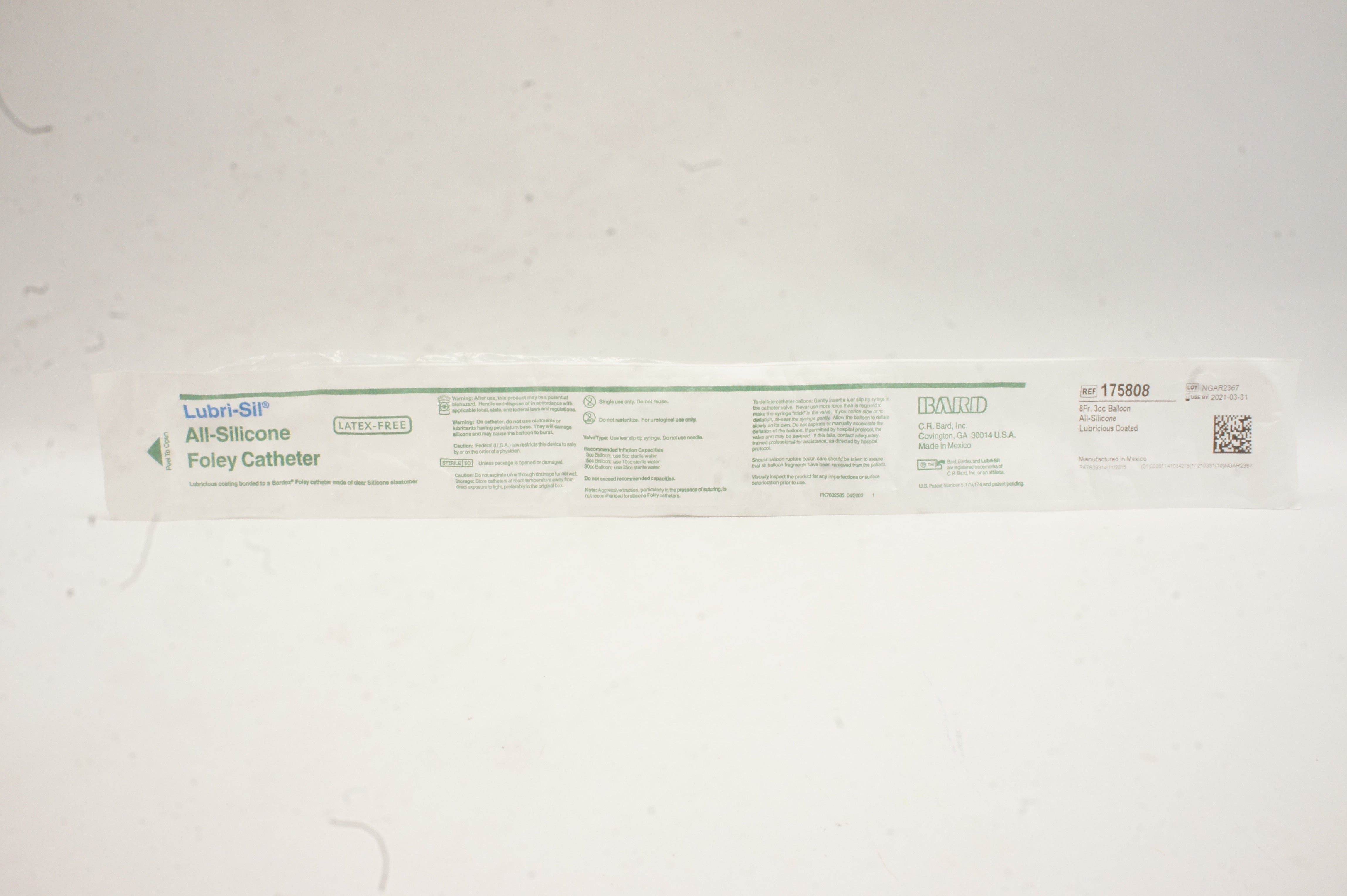 Bard 175808 Lubri-Sil All-Silicone Foley Cath. 8 Fr 3cc Balloon (x)