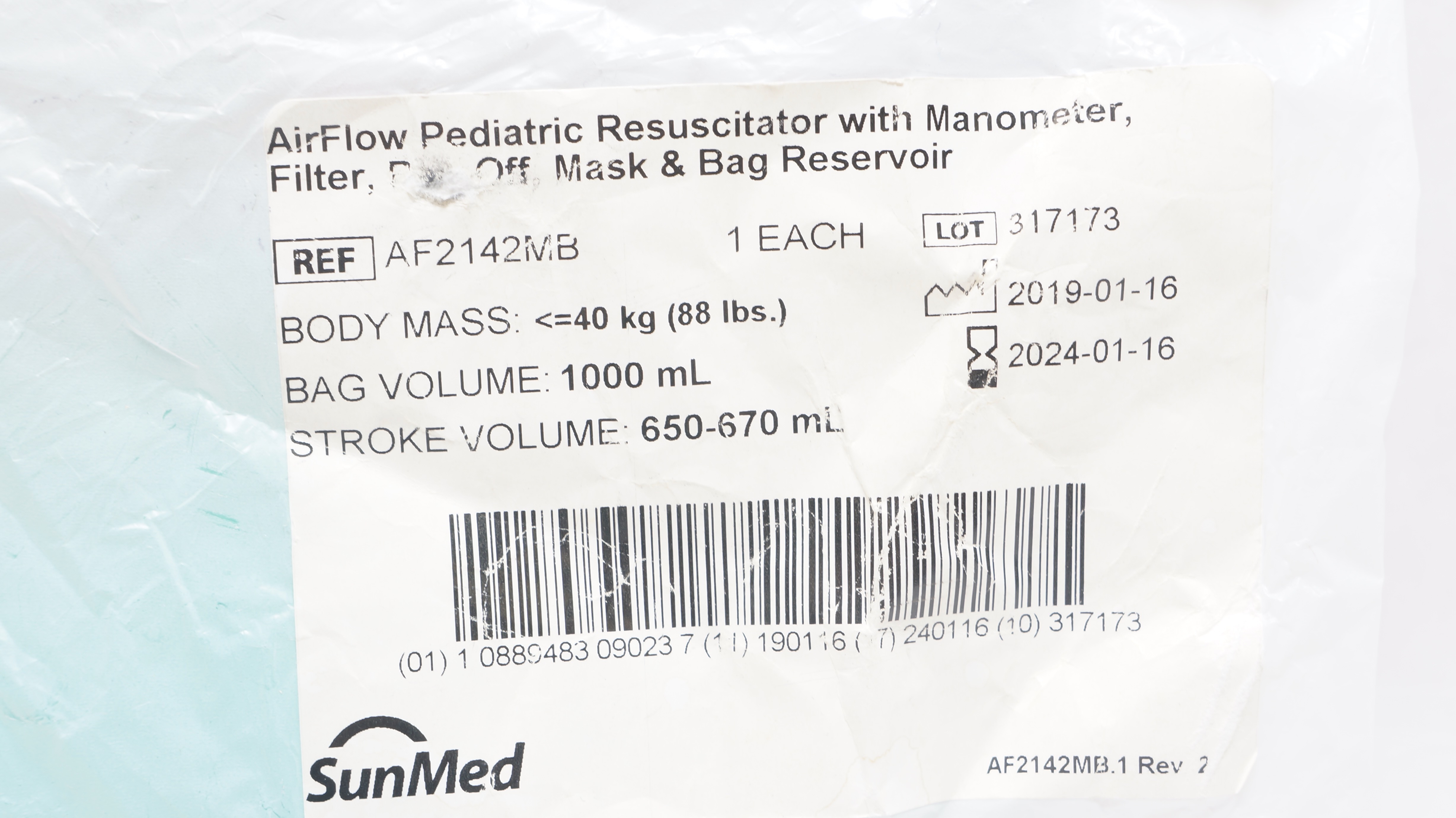 SunMed AF2142MB Pediatric AirFlow Manual Resuscitator <=88lbs., 1000mL Bag (x)