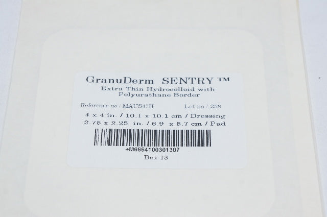 GranuDerm Sentry MAUS47H Extra Thin Hydrocolloid W/Polyurathane Border 4 x 4in.